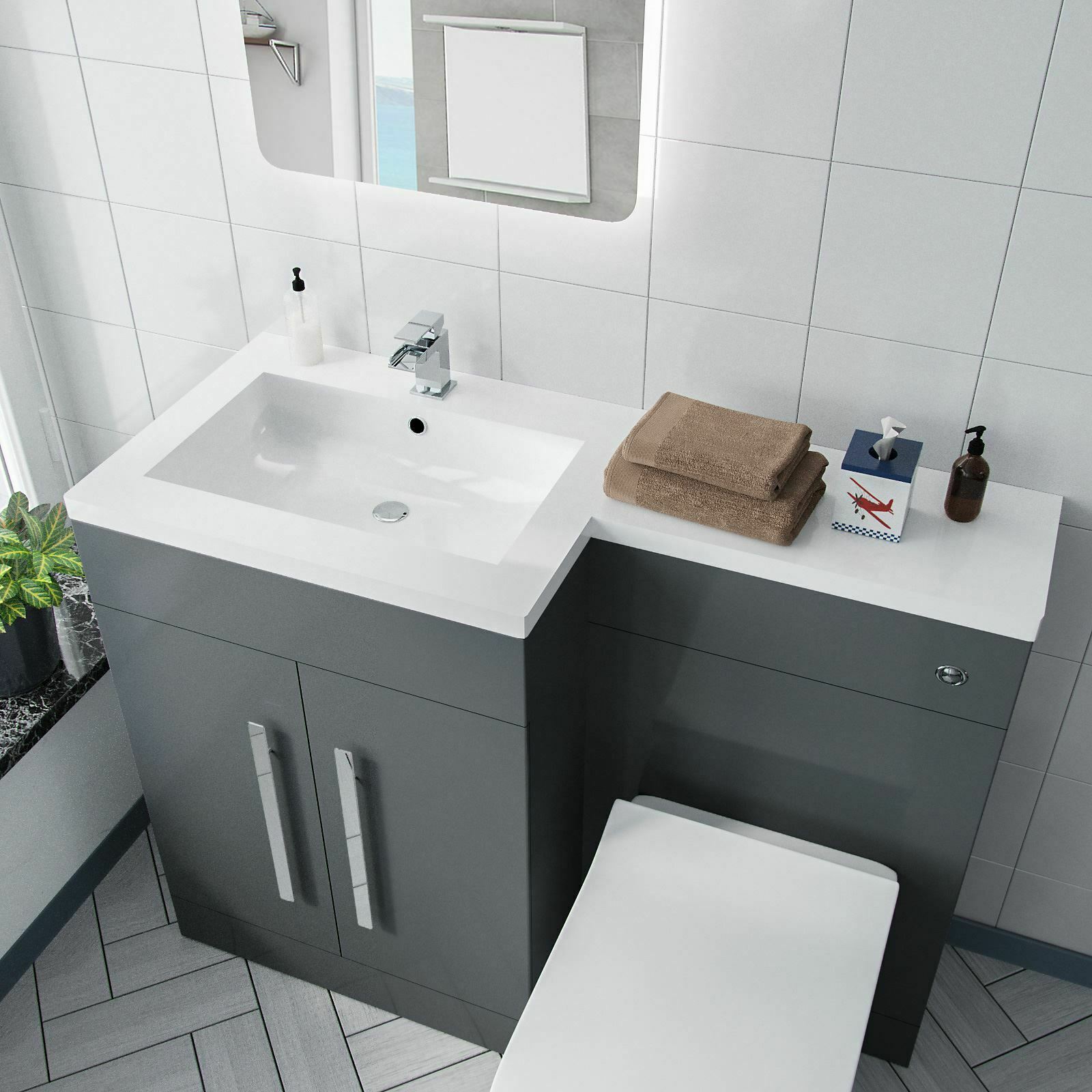 Aric Left Hand 1100mm Vanity Basin Unit, WC Unit & Elora Back To Wall Toilet Grey