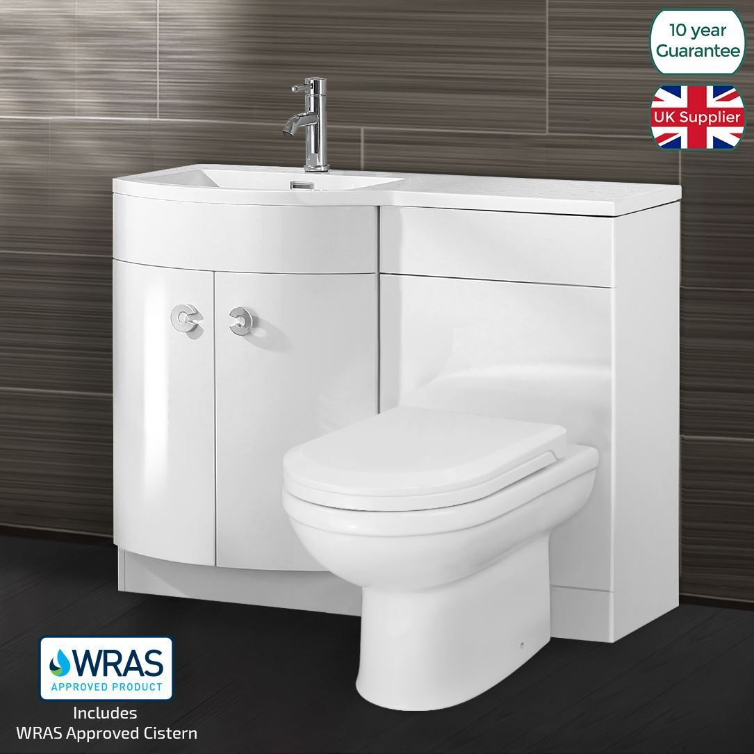 Dene 1100 mm P Shape Bathroom LH Vanity Suite Unit BTW Toilet White Square