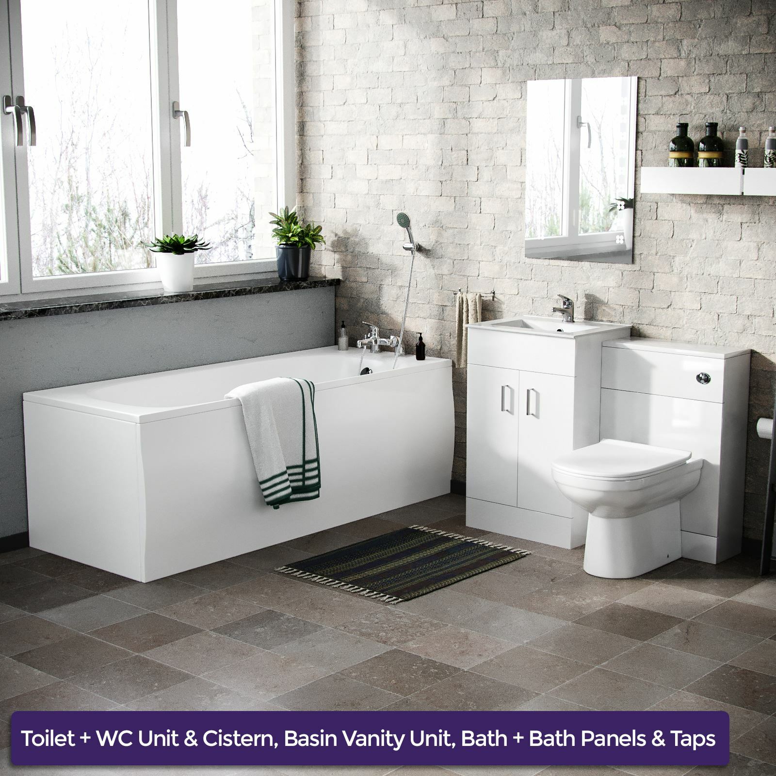Nanuya 1700mm Bath, Basin Vainty , WC Unit, Back to Wall Toilet, Shower and Mono Mixer & Wastes White