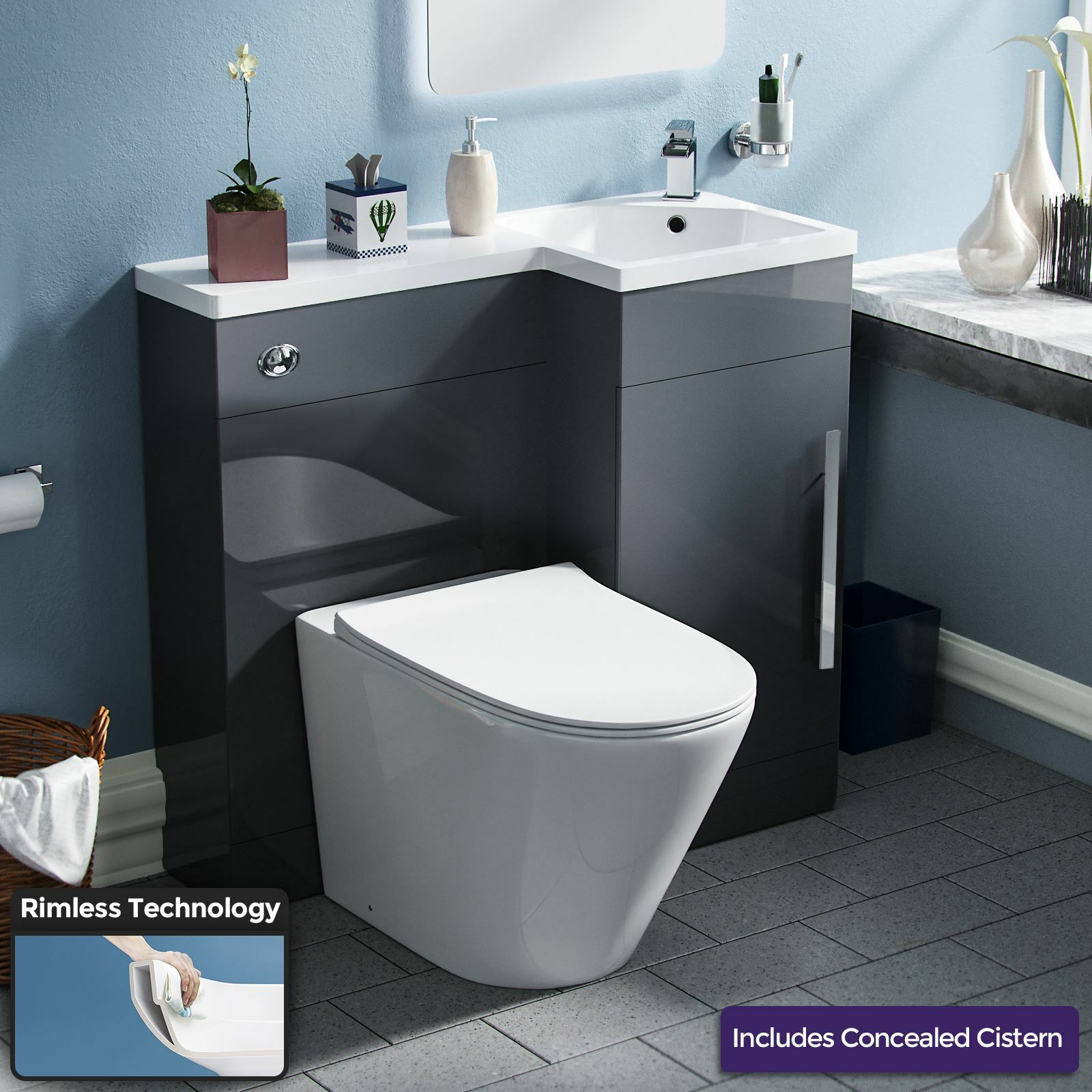 Elora 900mm Dark Grey RH Vanity Unit Basin with Toilet WC Suite