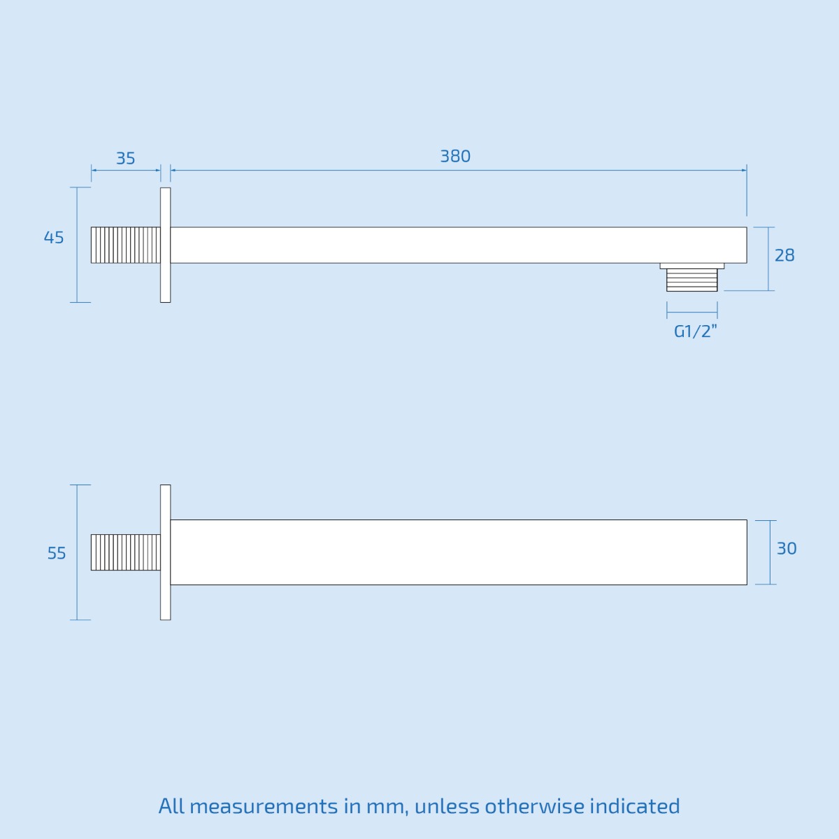 Rectangular 380mm Modern Wall Mounted Shower Arm Matte Black Solid Brass