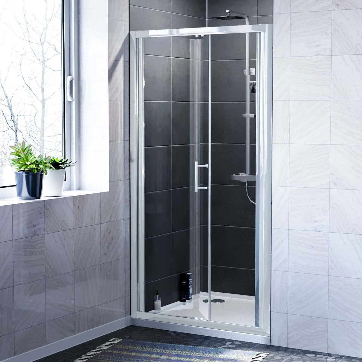 Bi Fold 1000 x 760mm Chrome Framed Shower Door Enclosure 6mm Tempered Glass, Tray & Waste