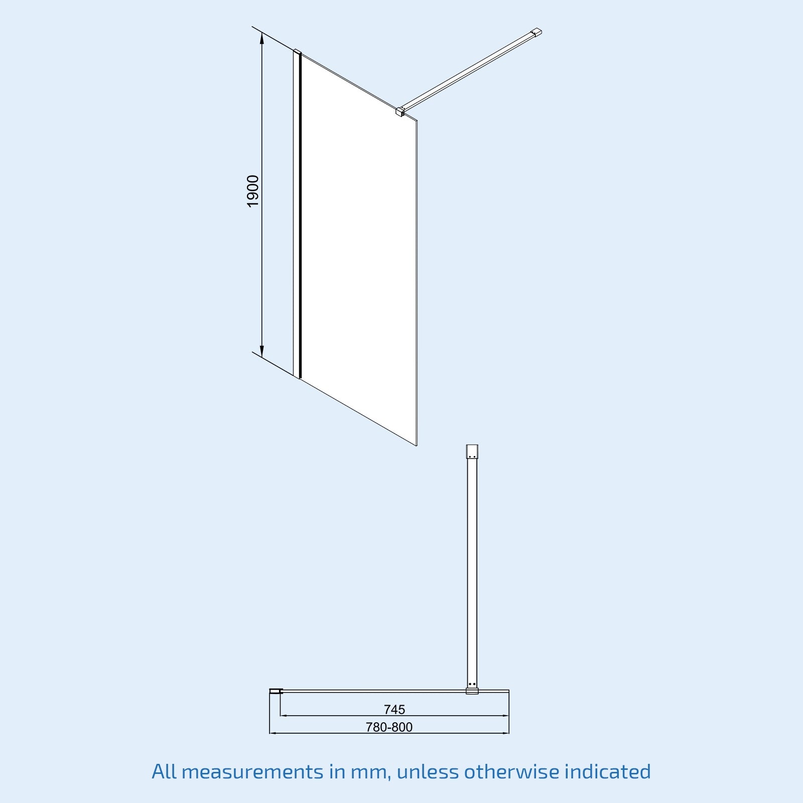Chrome 800 Wet Room Screen 8mm Tempered Glass with 300mm Return Panel