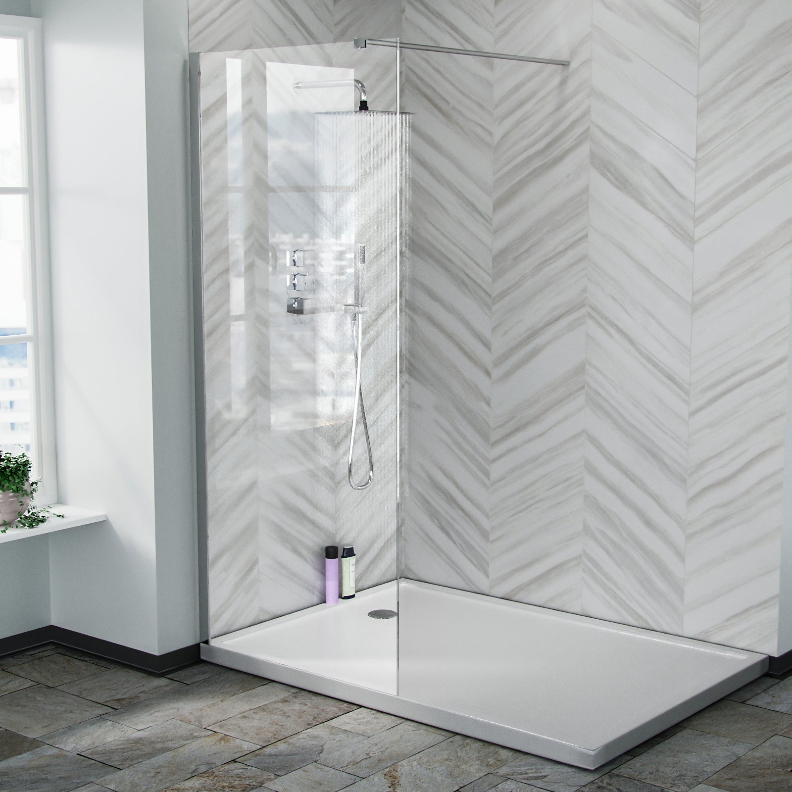 Chrome 800 Wet Room Screen 8mm Tempered Glass with 300mm Return Panel