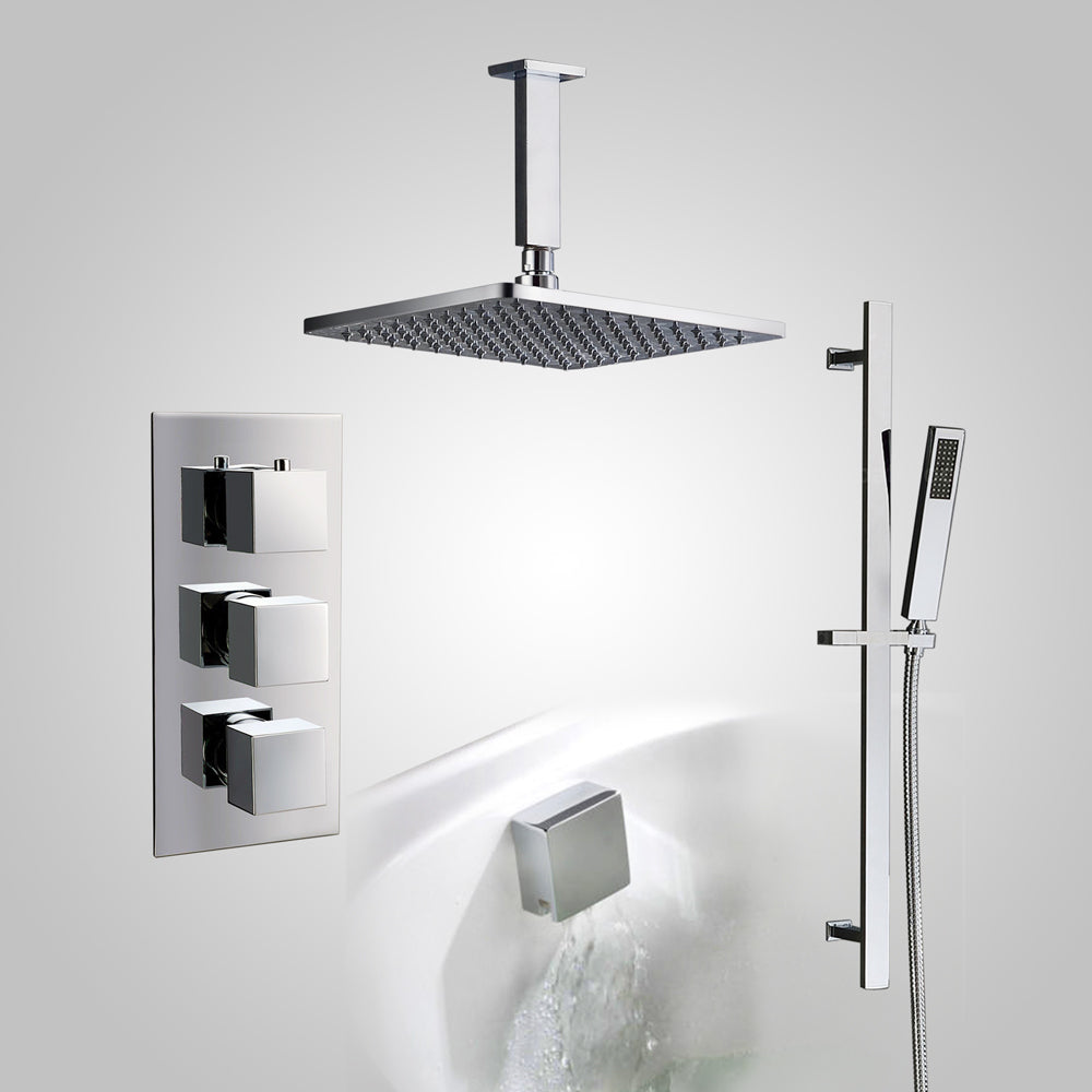 Lilly Chrome 3 Dial 3 Way Square Concealed Thermostatic Mixer Valve, Slider Rail, Square Handset, Square Ceiling Shower Head, Bath Filler & Waste
