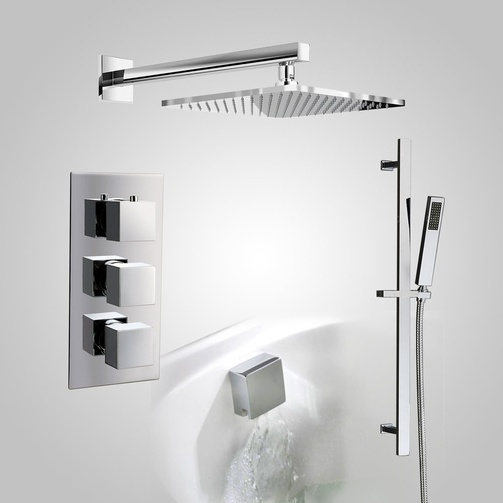 Olive 3 Dial 3 Way Square Set Shower Head Rail Handset & Bath Filler