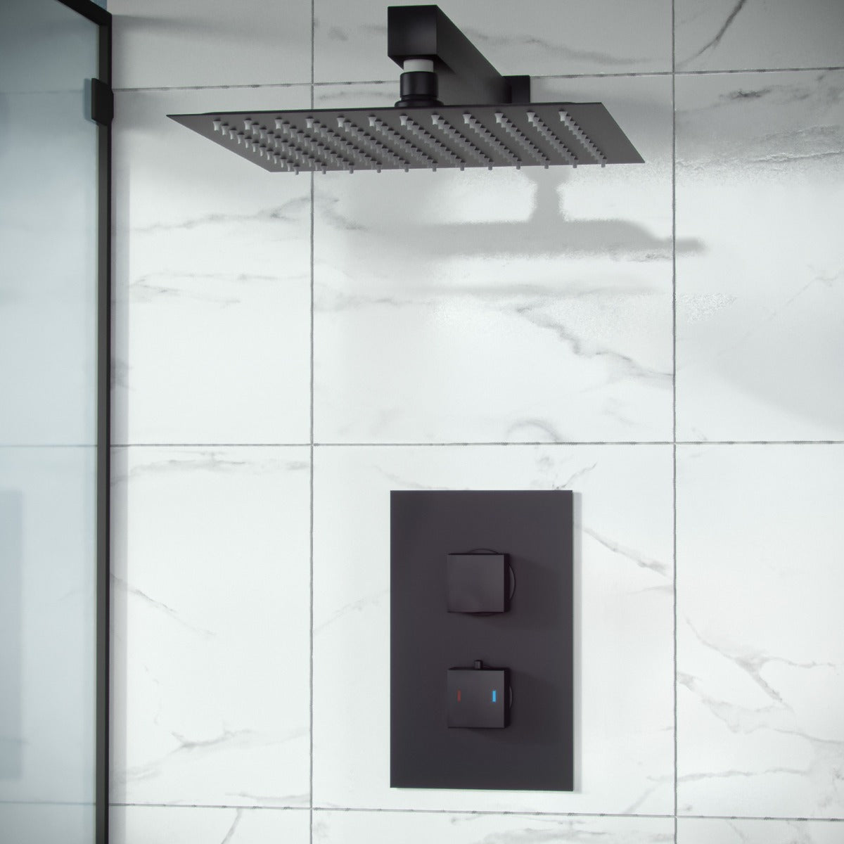 Temel Matte Black Concealed Thermostatic Overhead 200mm Square Rainfall Shower Mixer Set