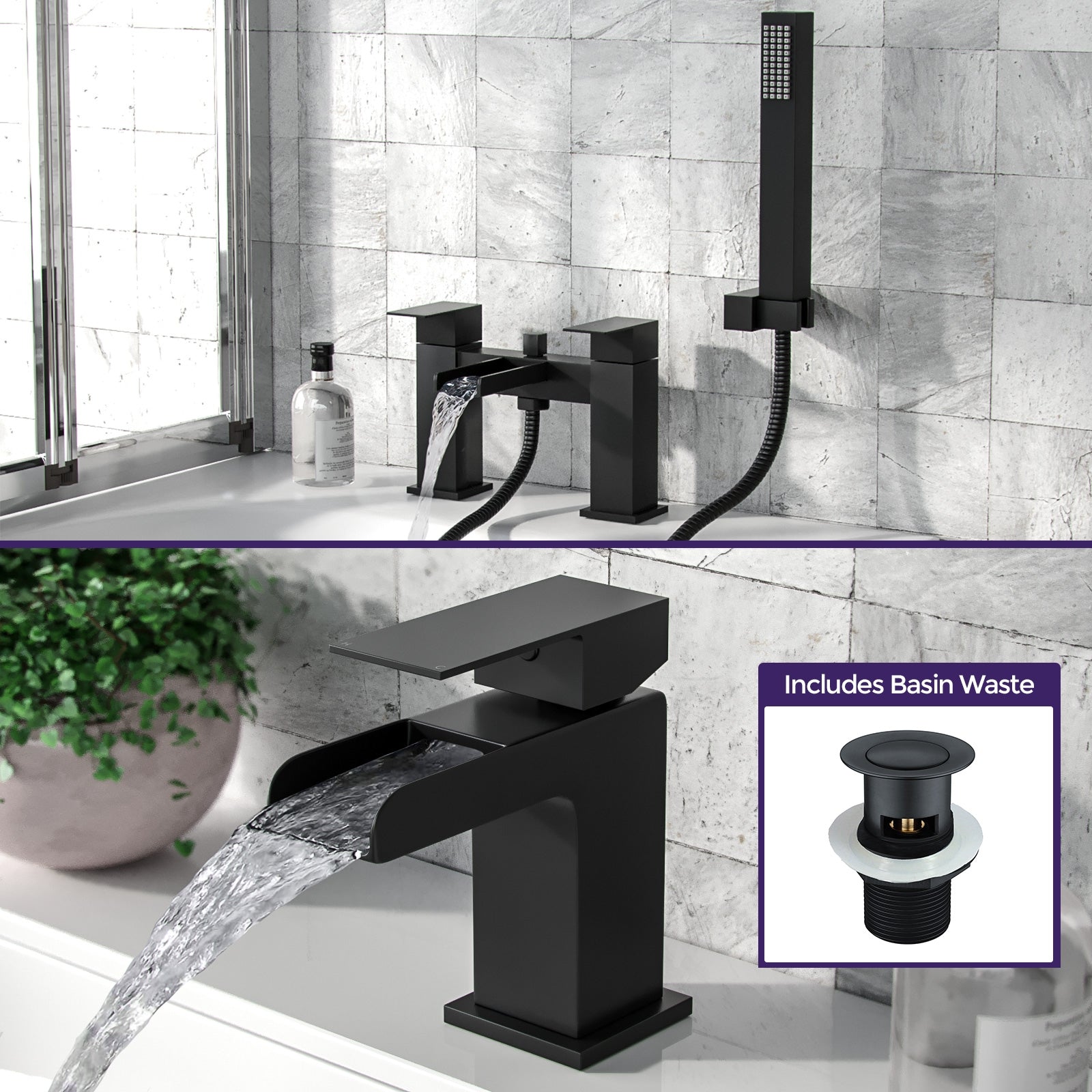 Origin Matte Black Waterfall Basin Mono Tap Bath Filler Handset & Waste