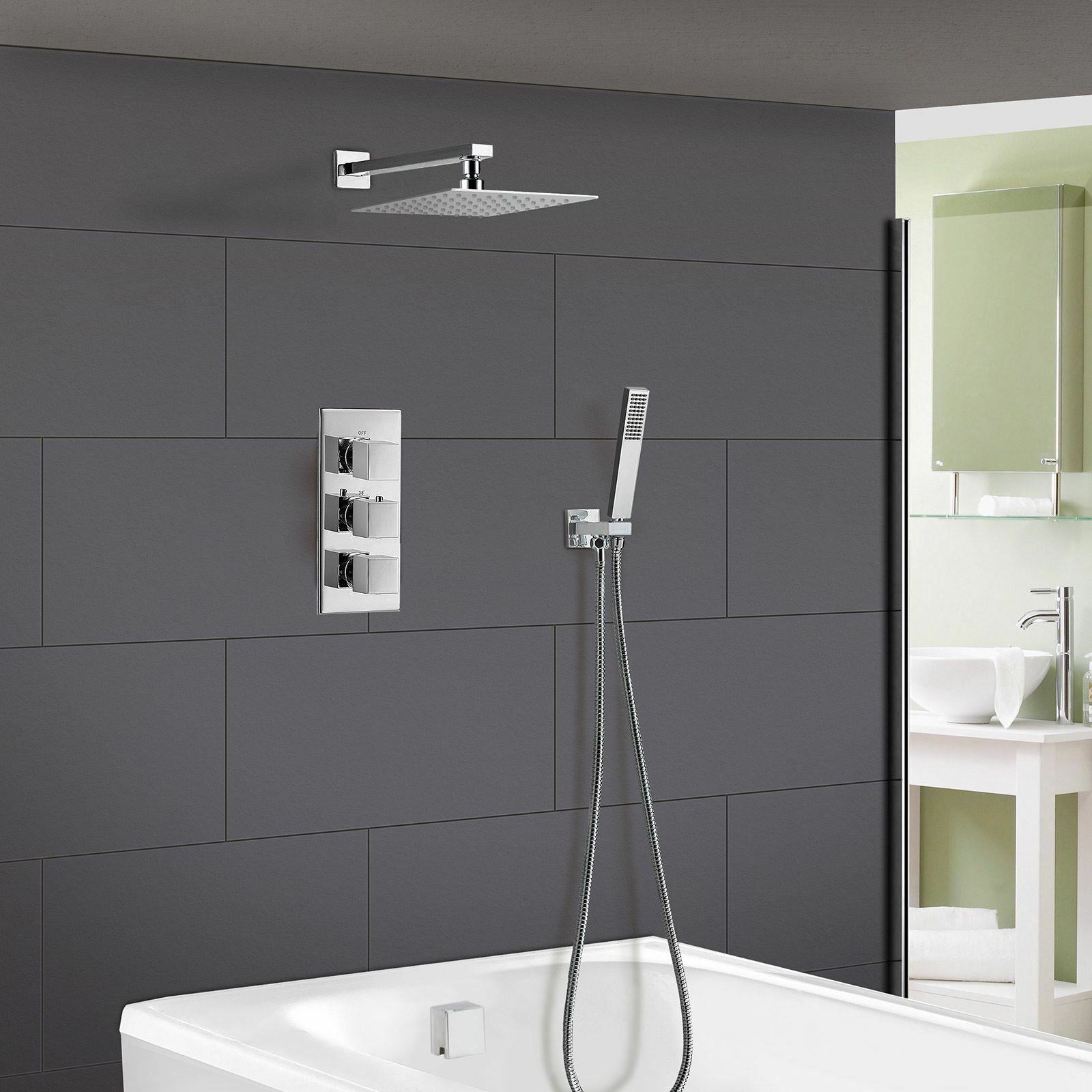 Olive 3 Way Square Concealed Thermostatic Hand Held Bath Shower 300 Slim Head