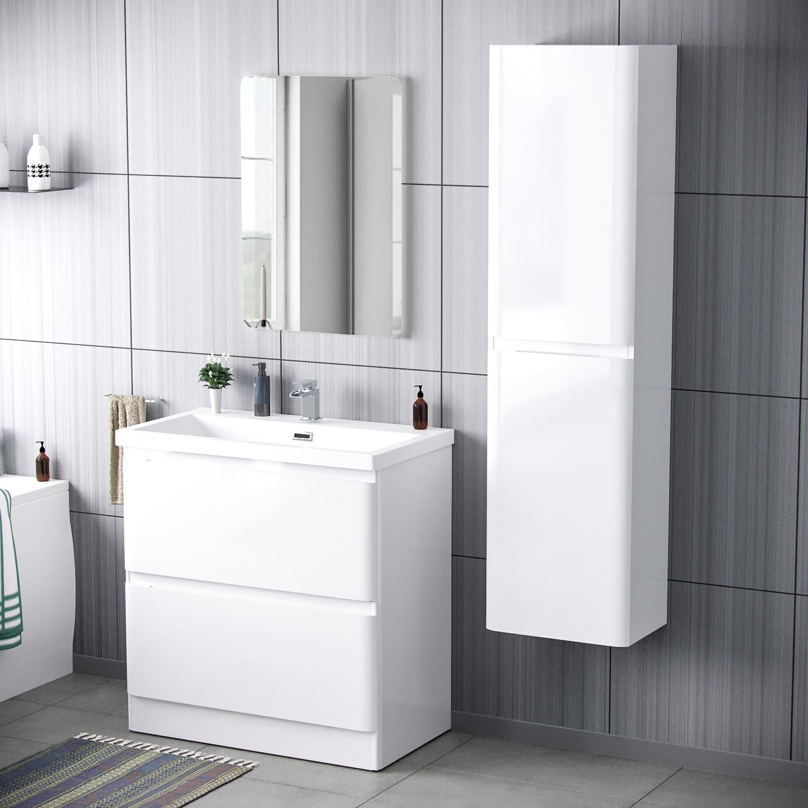 Jersey 800mm Floorstanding Vanity Basin Unit & Modern Tall Wall Hung Cabinet White