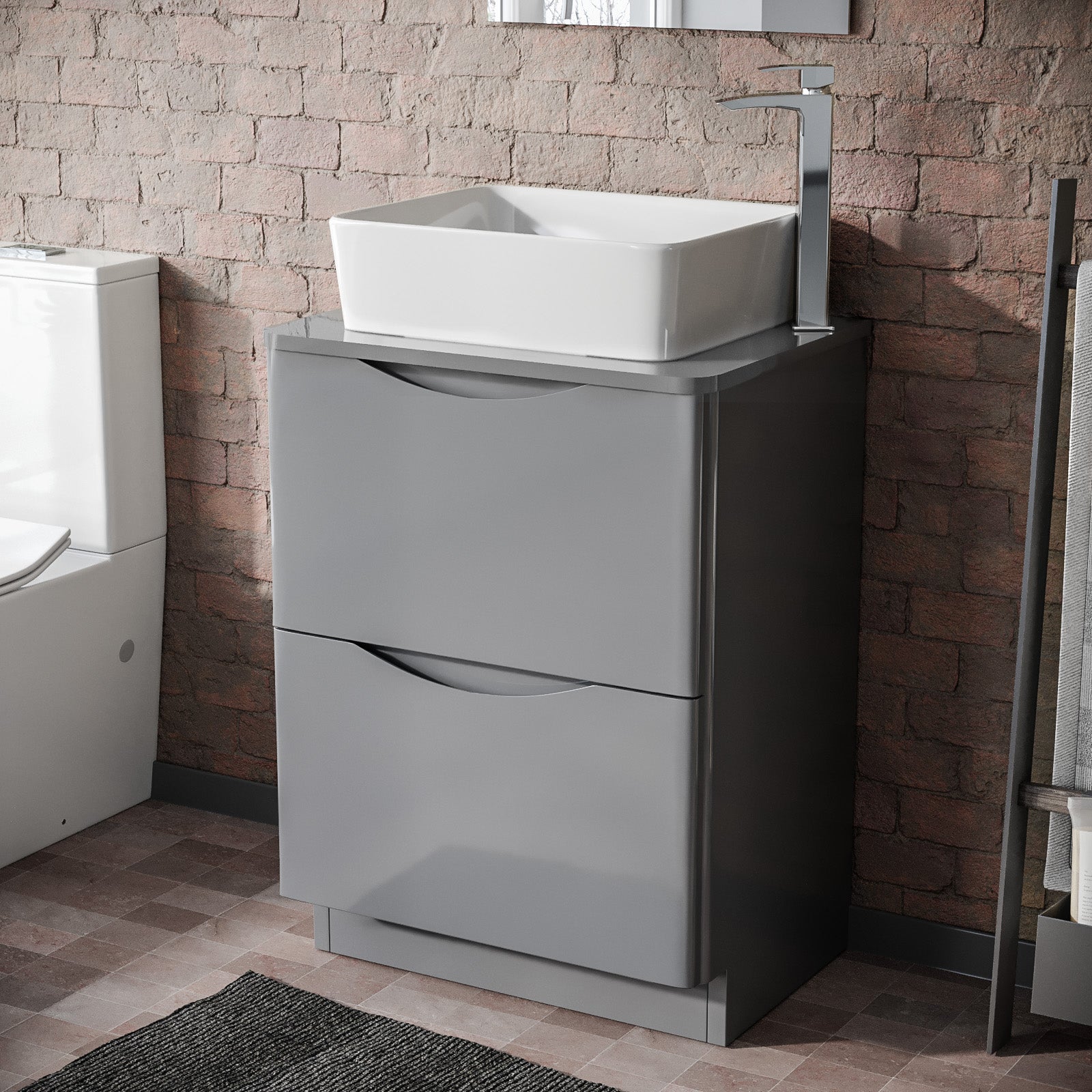 Merton Grey 600mm Bathroom Freestanding Vanity Unit With Square Ceramic Countertop 485mm Basin