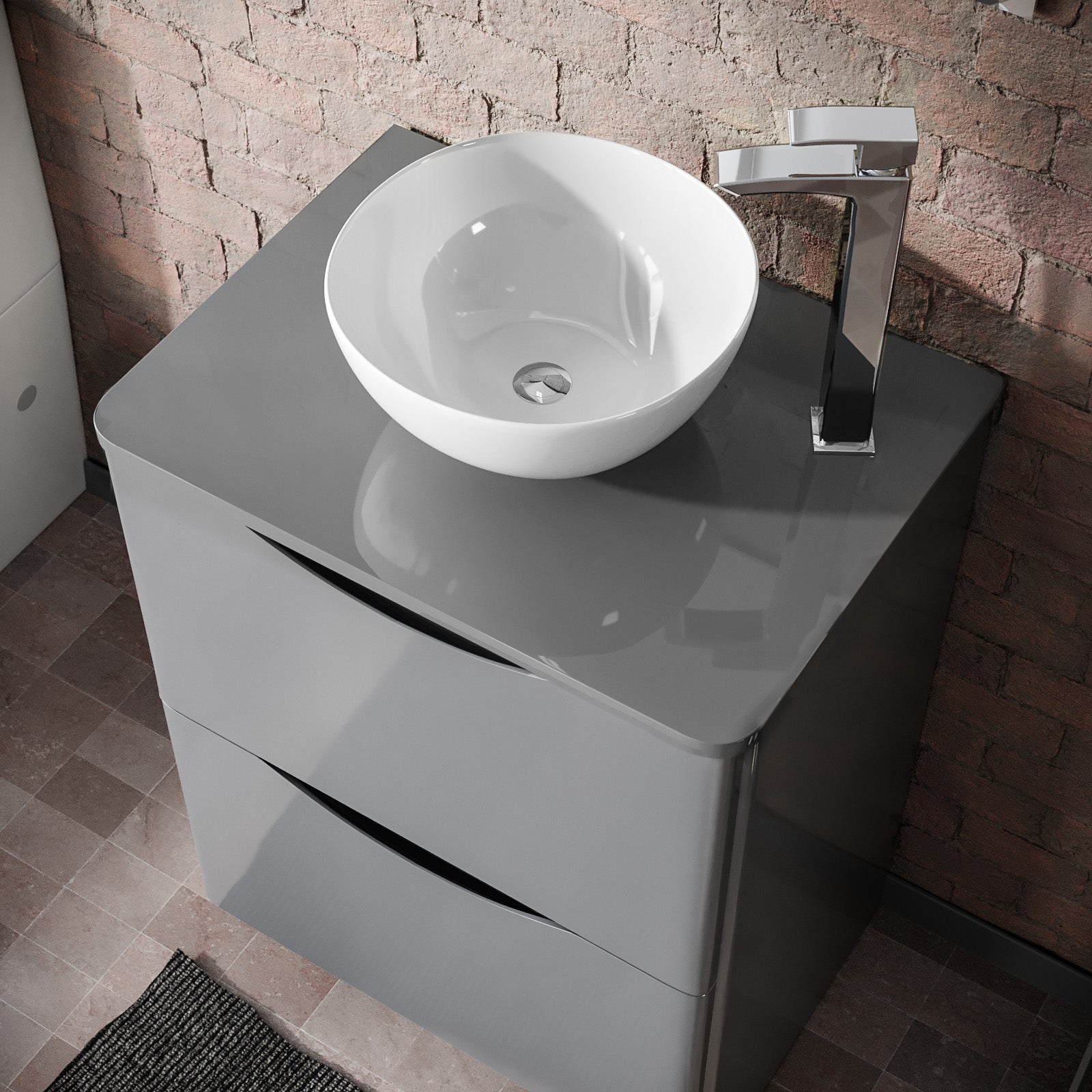 Merton Grey 600mm Bathroom Freestanding Vanity Unit With Round Ceramic Countertop 320mm Basin