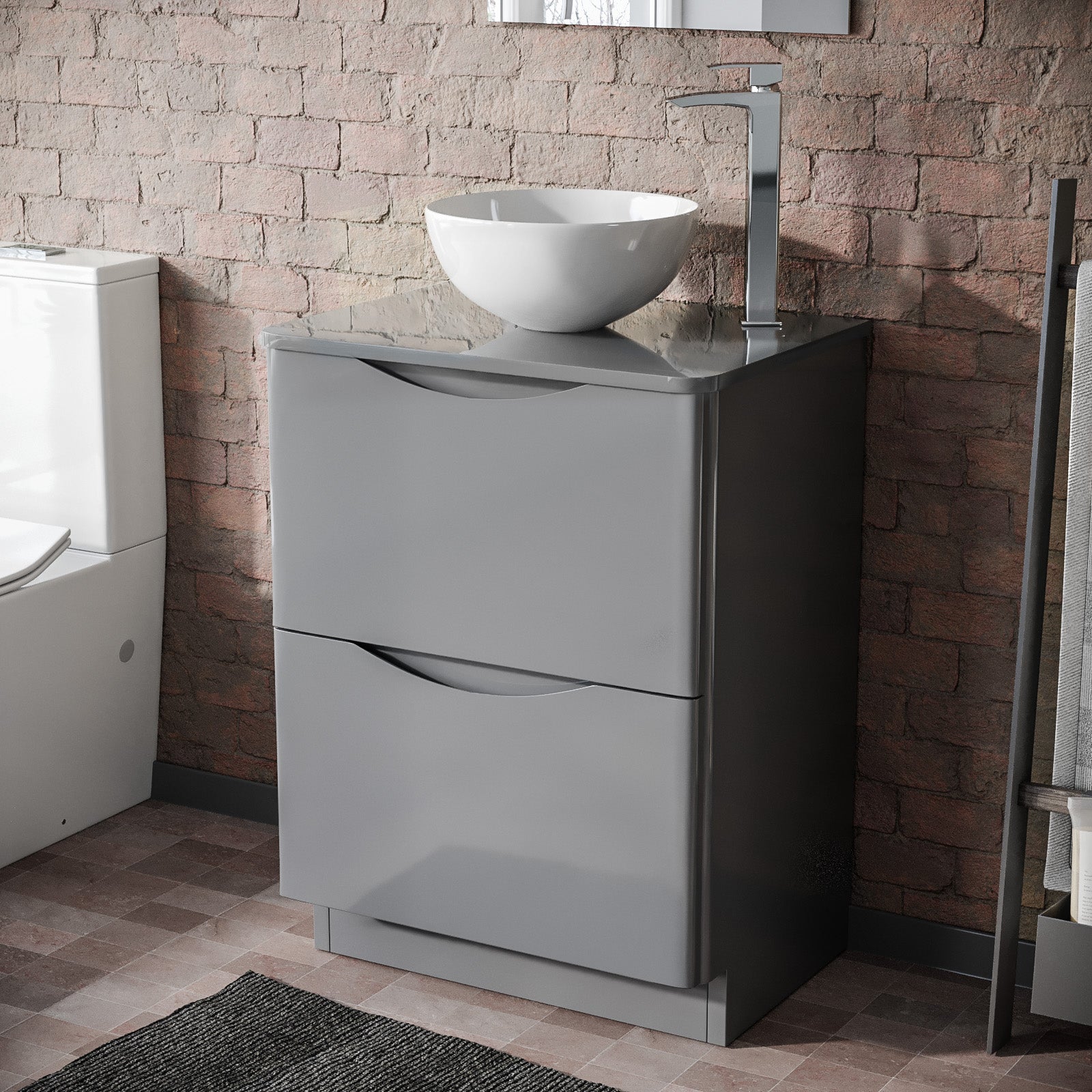 Merton Grey 600mm Bathroom Freestanding Vanity Unit With Round Ceramic Countertop 320mm Basin