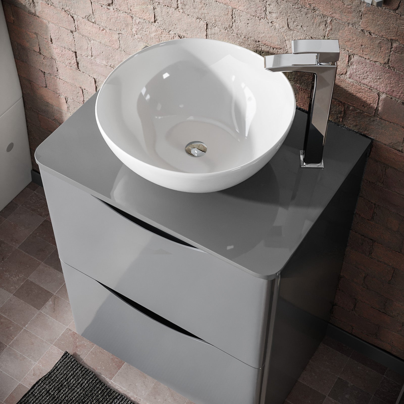 Merton Grey 600mm Bathroom Freestanding Vanity Unit With Round Ceramic Countertop 420mm Basin