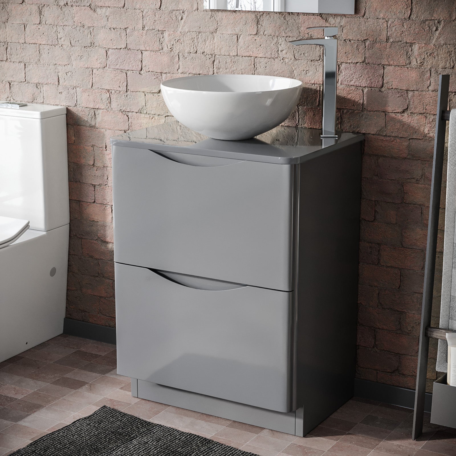 Merton Grey 600mm Bathroom Freestanding Vanity Unit With Round Ceramic Countertop 420mm Basin