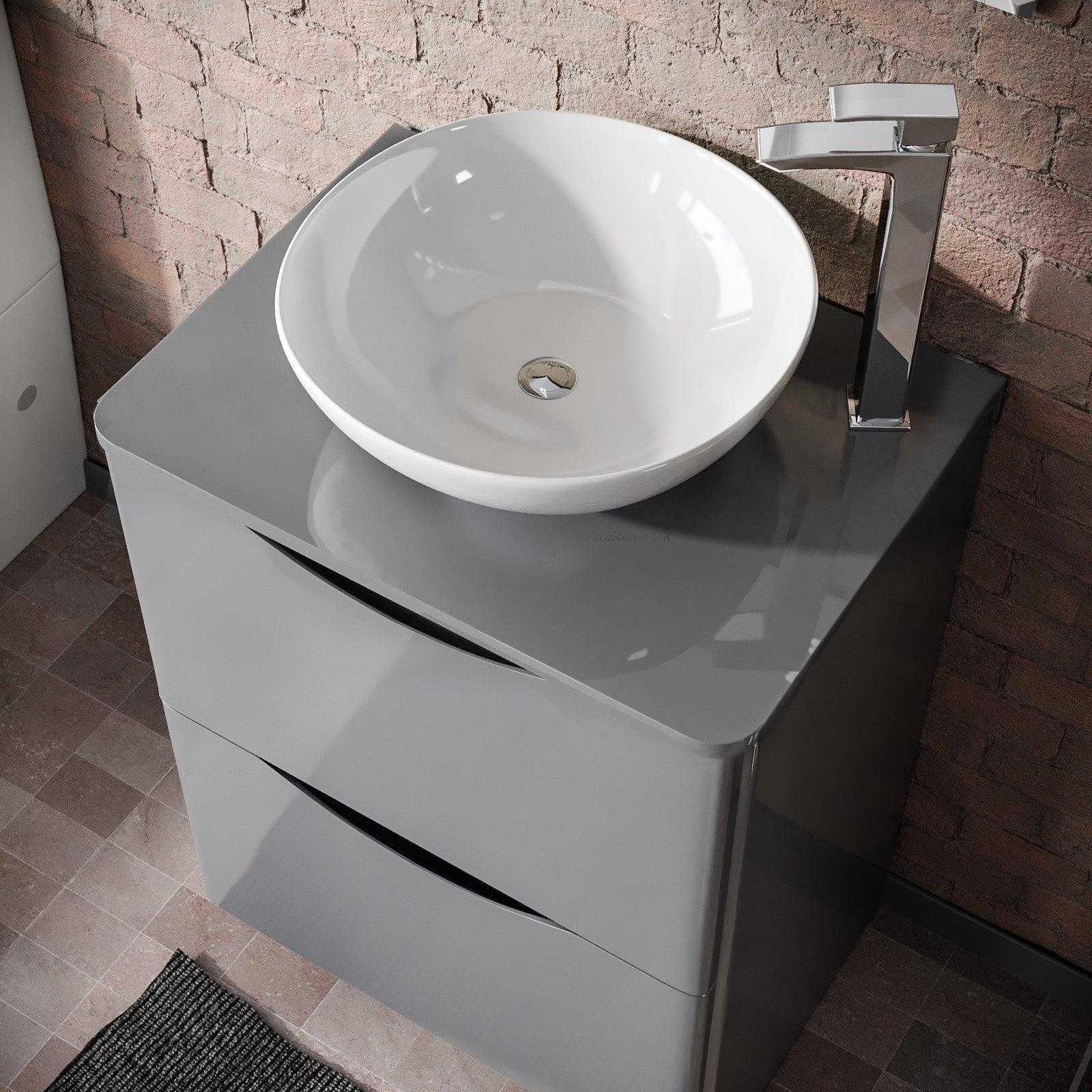 Merton Grey 600mm Bathroom Freestanding Vanity Unit With Round Ceramic Countertop 410mm Basin