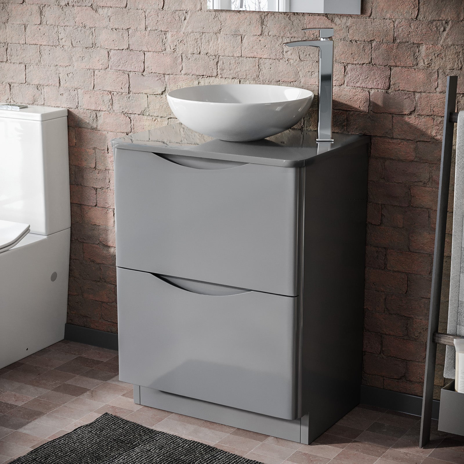 Merton Grey 600mm Bathroom Freestanding Vanity Unit With Round Ceramic Countertop 410mm Basin