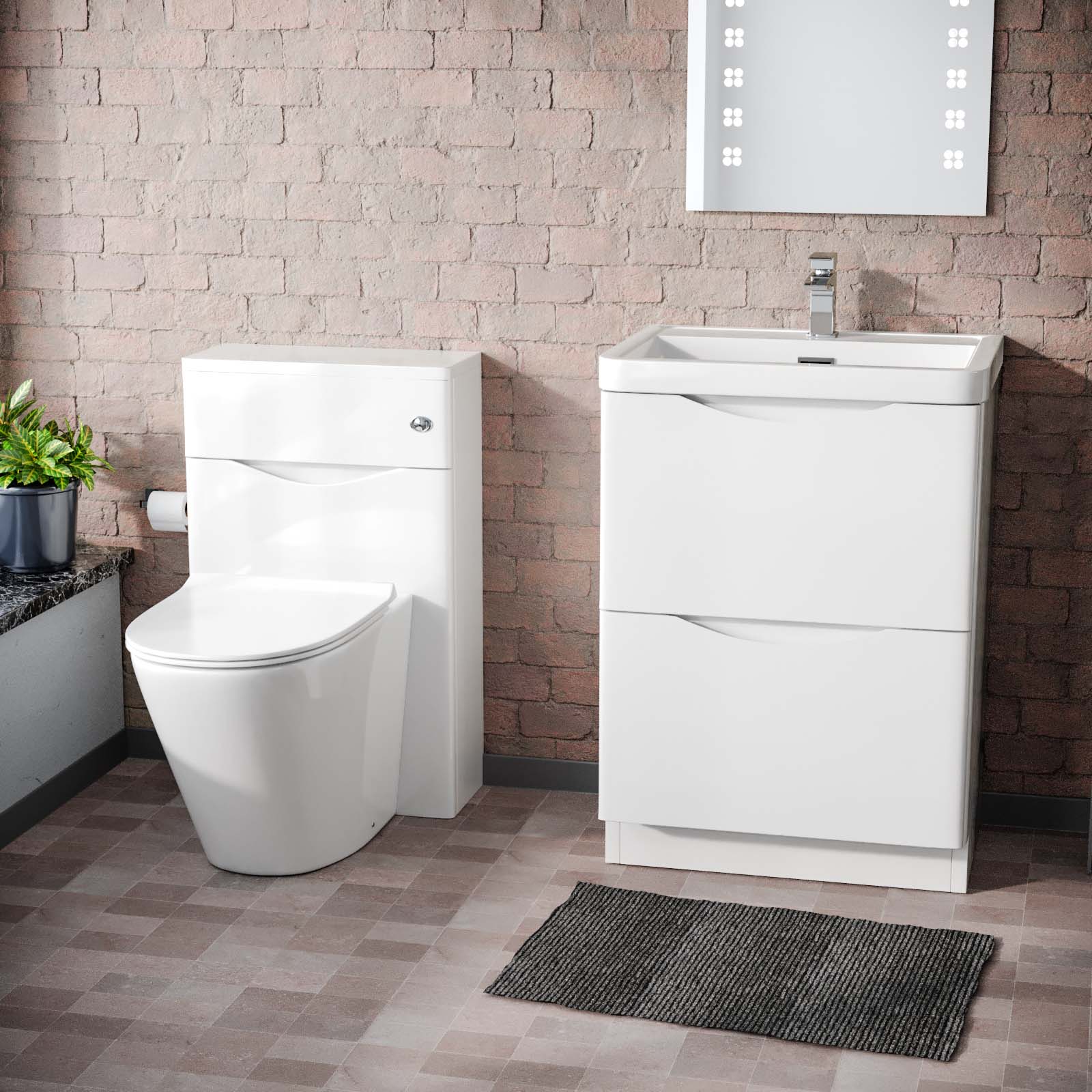 Merton 600 Freestanding White Vanity Cabinet, WC & Rimless Modern BTW Toilet Set