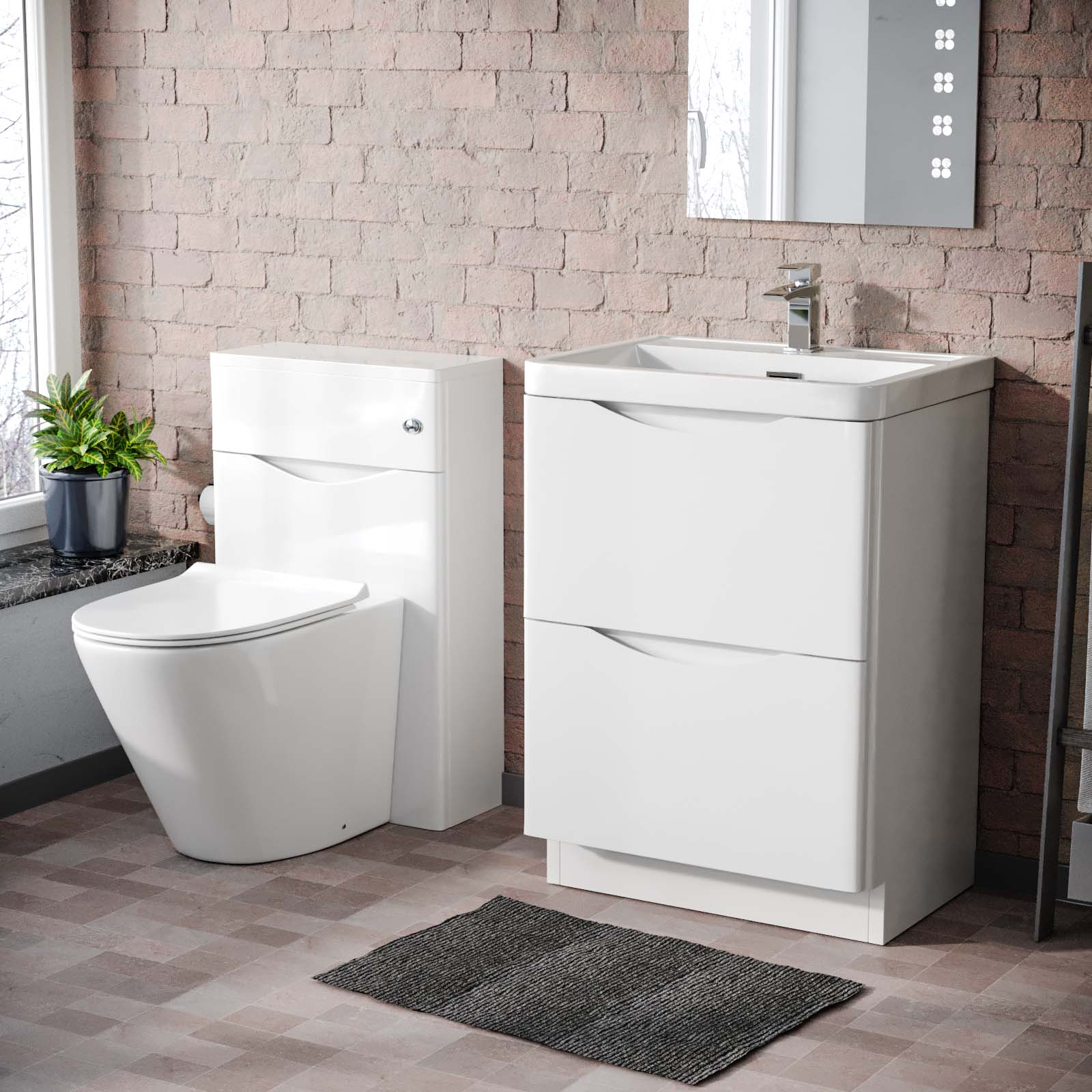 Merton 600 Freestanding White Vanity Cabinet, WC & Rimless Modern BTW Toilet Set