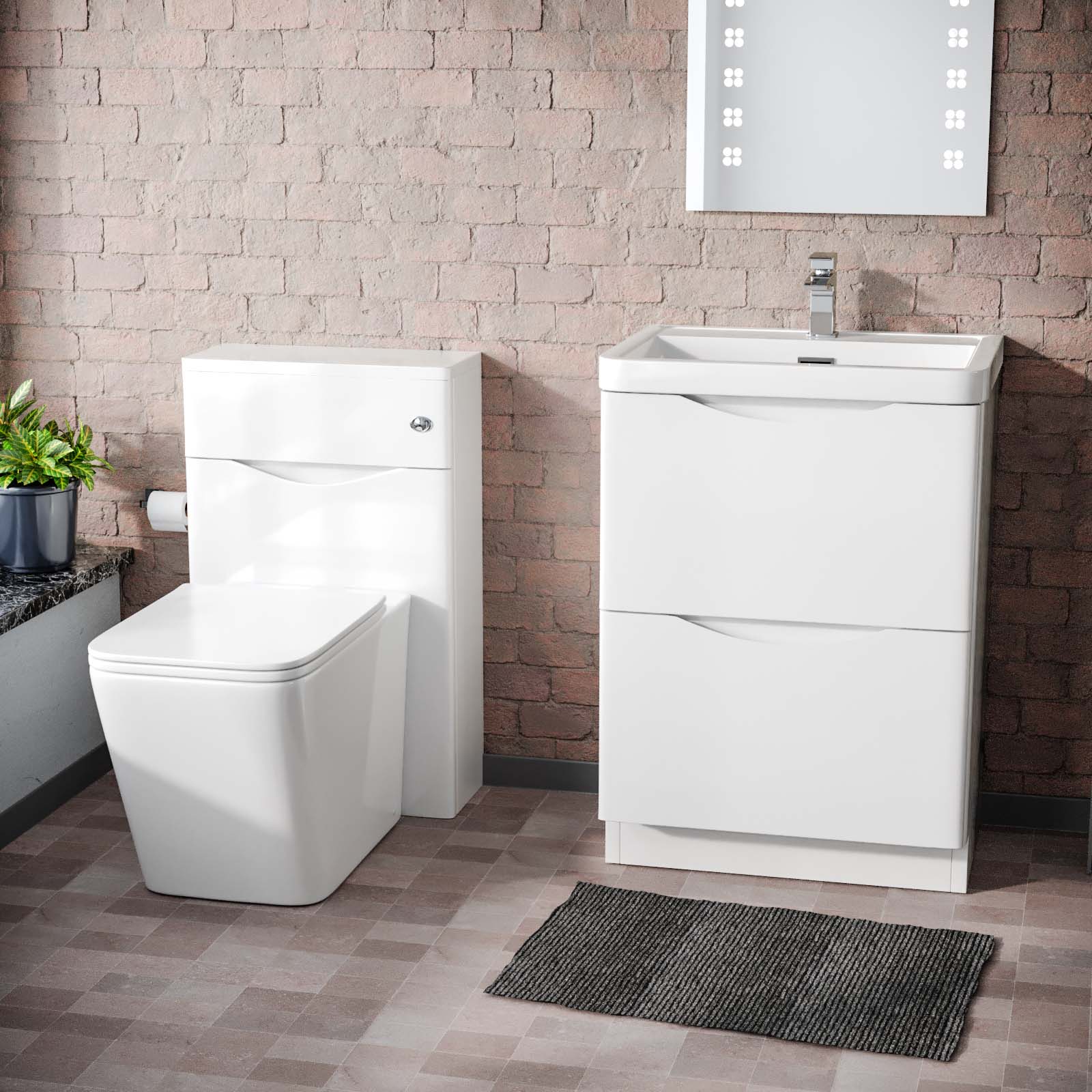 Merton 600 Freestanding White Vanity Cabinet, WC & Rimless Square BTW Toilet Set