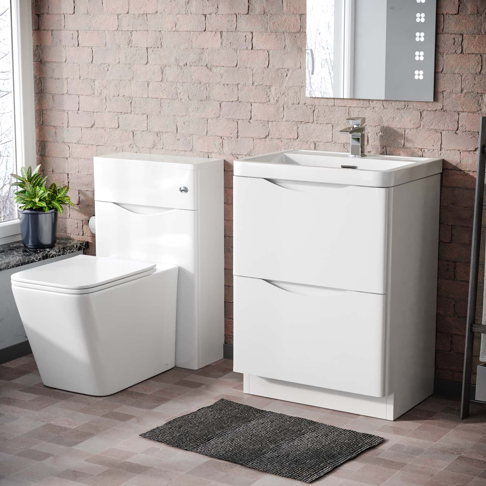 Merton 600 Freestanding White Vanity Cabinet, WC & Rimless Square BTW Toilet Set