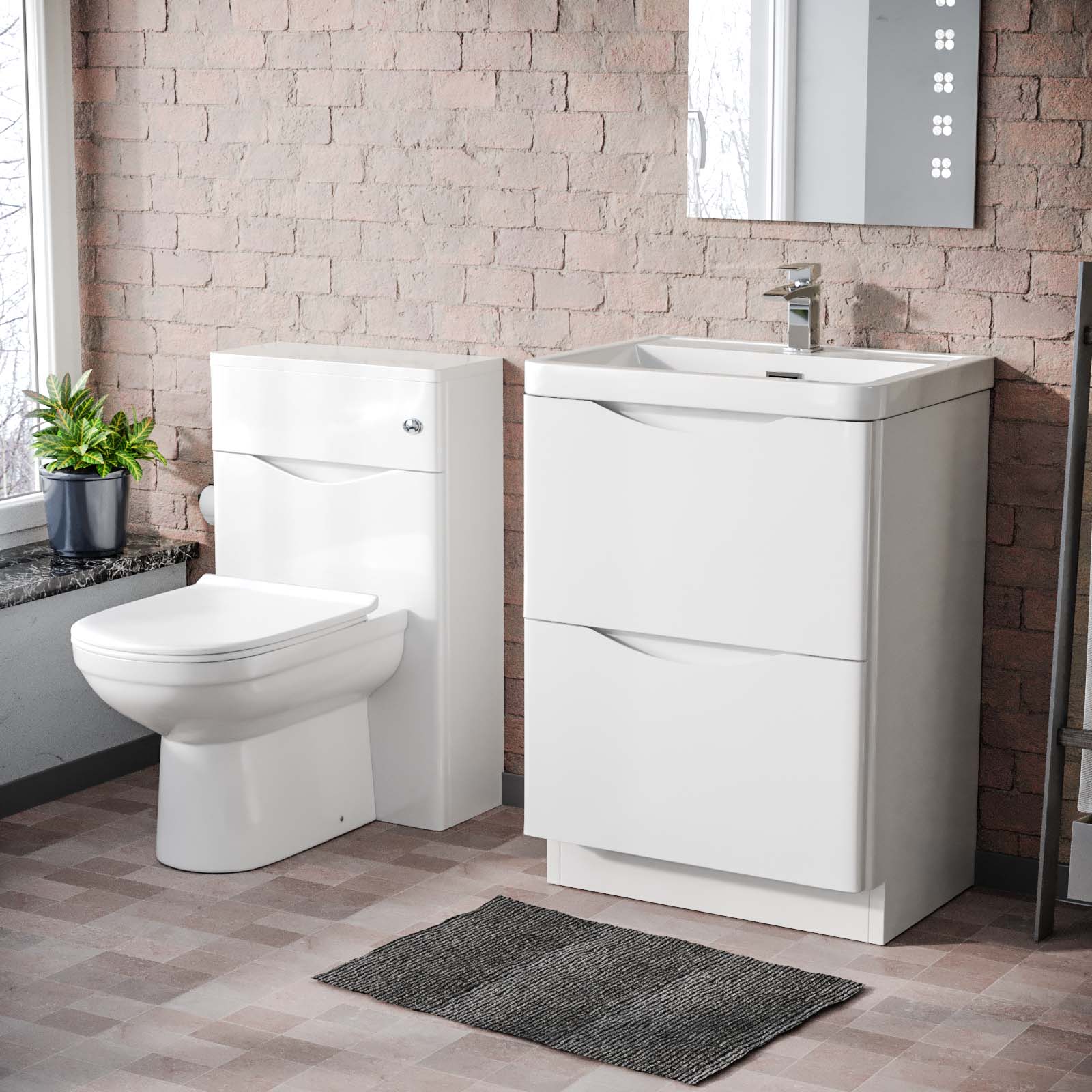 Merton 600 Freestanding White Basin Vanity Cabinet, WC & Round BTW Toilet Set