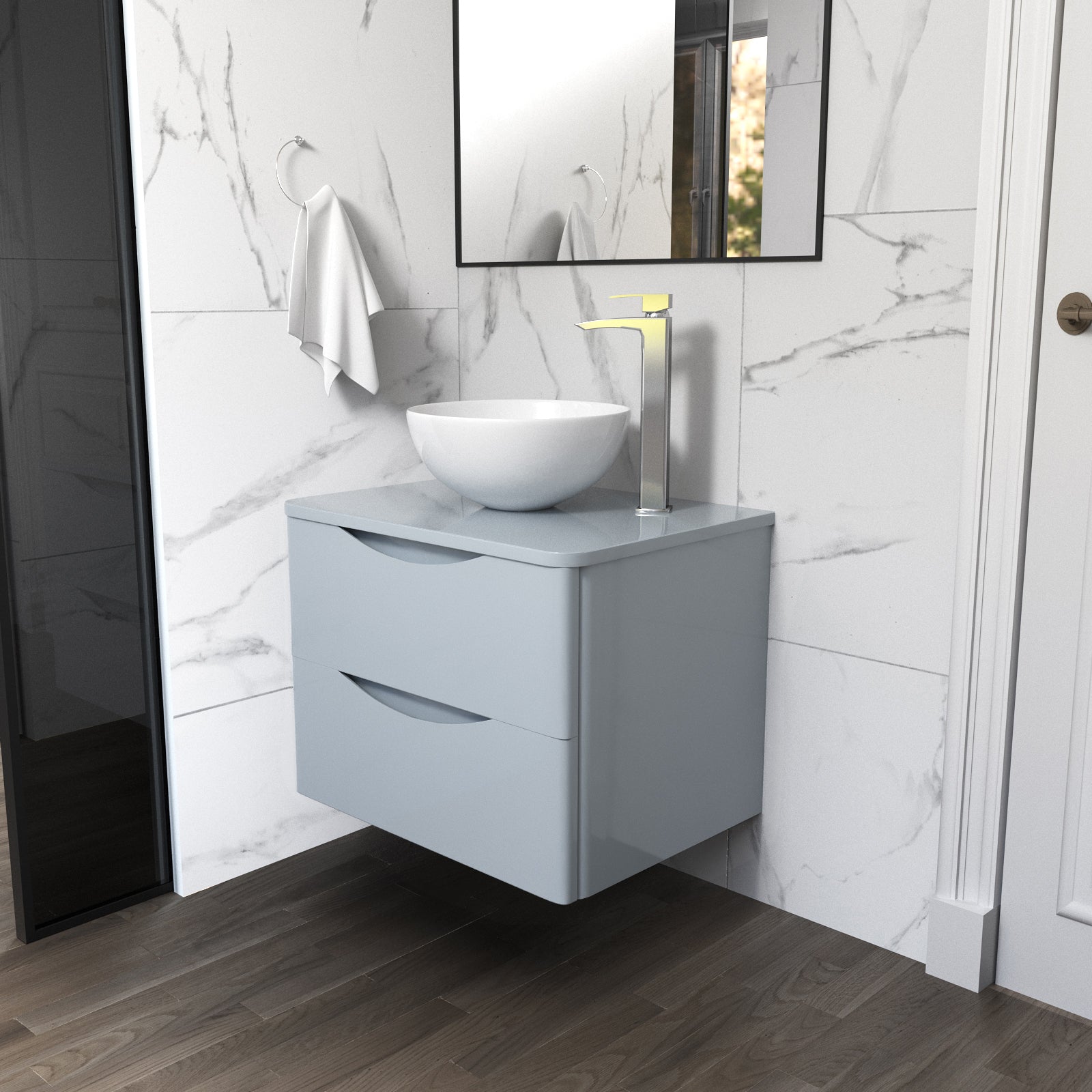 Merton Grey 600mm Bathroom Wall Hung Vanity Unit With Round Ceramic Countertop 320mm Basin