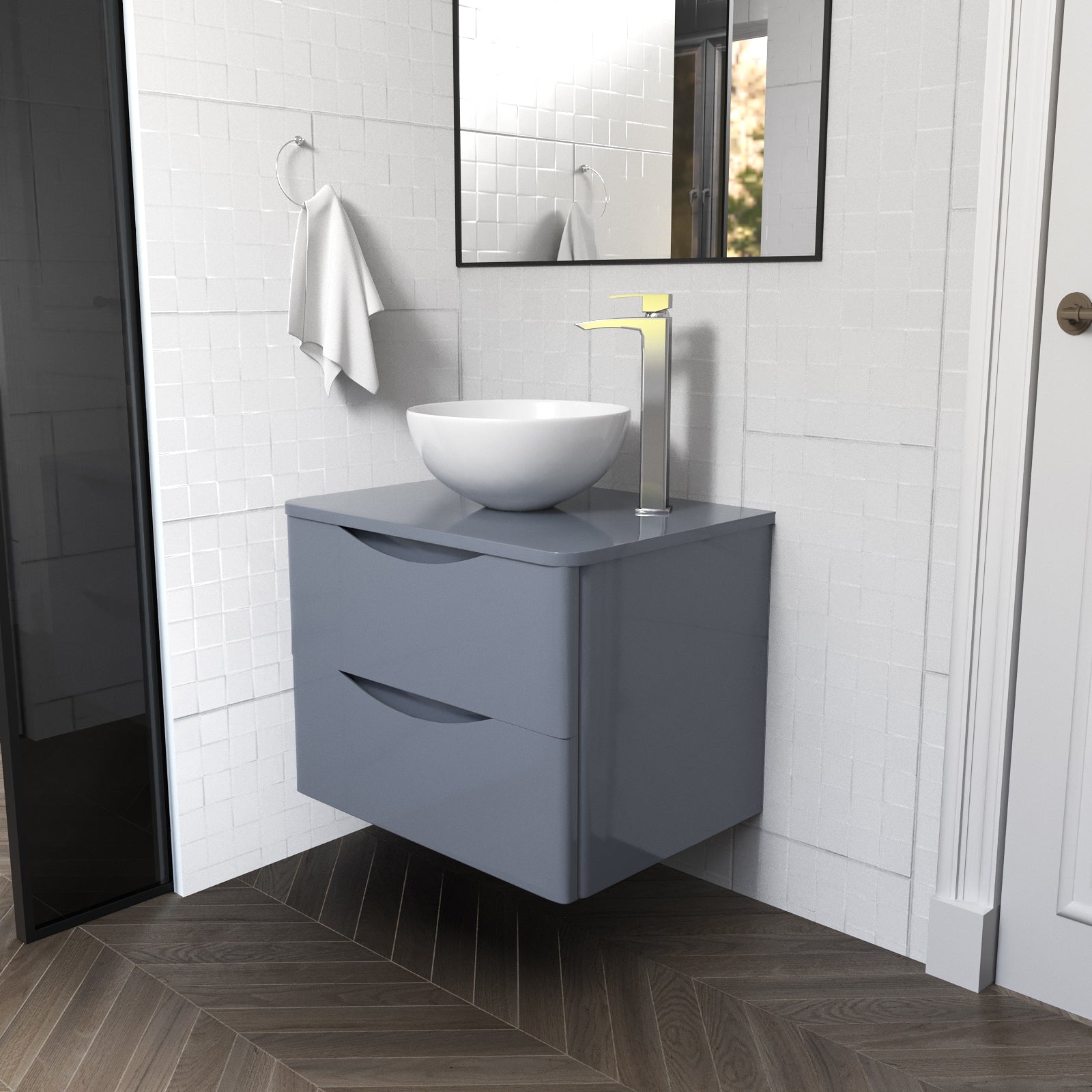 Merton Grey 600mm Bathroom Wall Hung Vanity Unit With Round Ceramic Countertop 320mm Basin