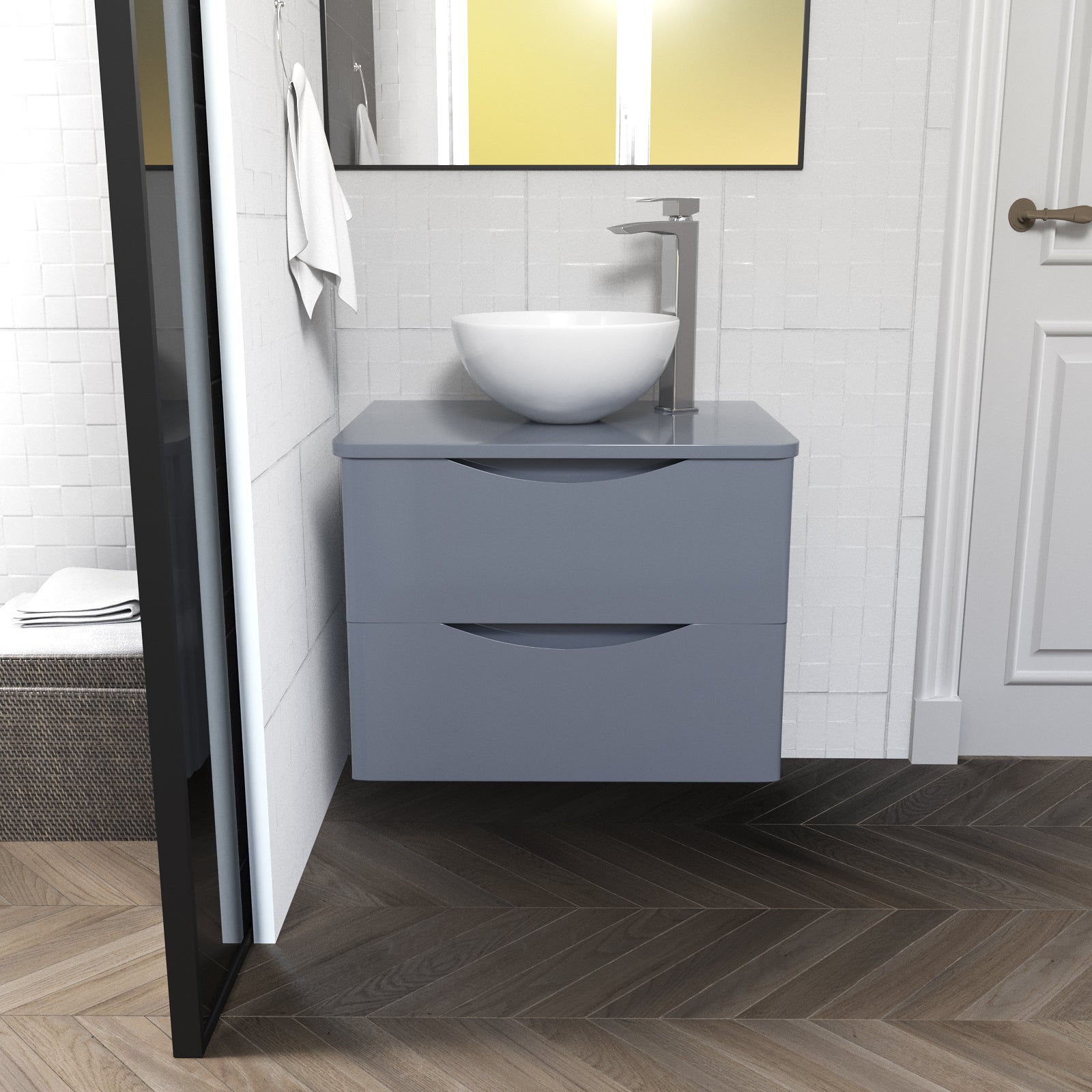 Merton Grey 600mm Bathroom Wall Hung Vanity Unit With Round Ceramic Countertop 320mm Basin