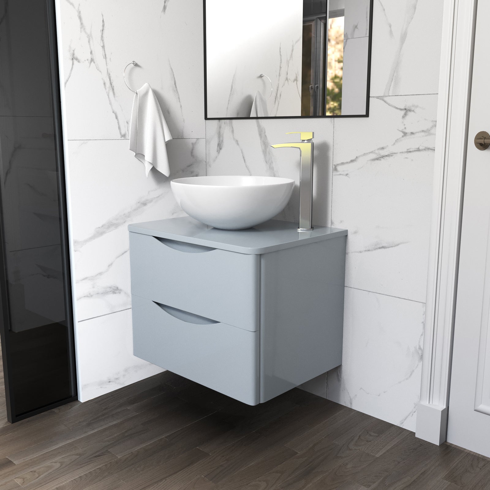 Merton Grey 600mm Bathroom Wall Hung Vanity Unit With Round Ceramic Countertop 420mm Basin