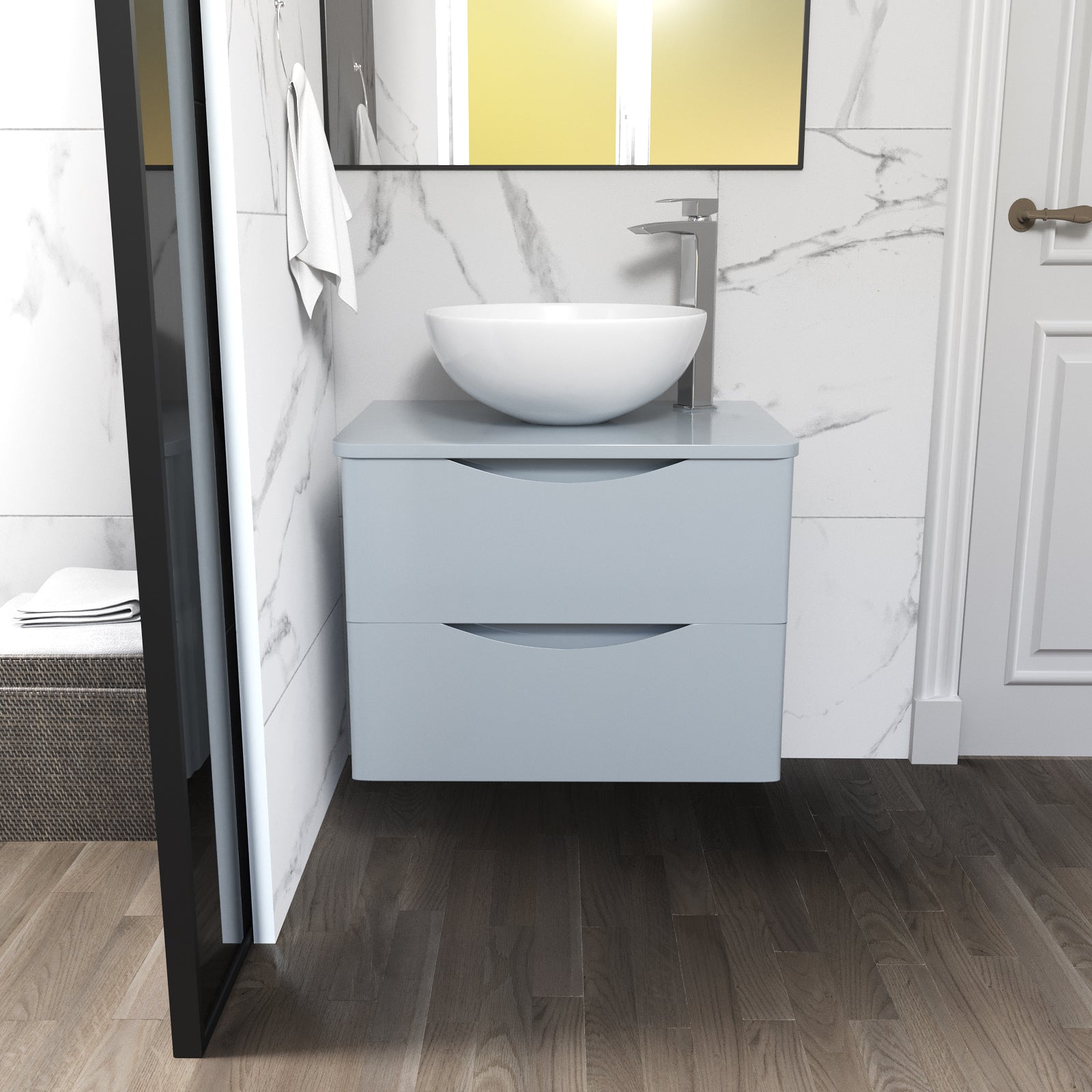 Merton Grey 600mm Bathroom Wall Hung Vanity Unit With Round Ceramic Countertop 420mm Basin