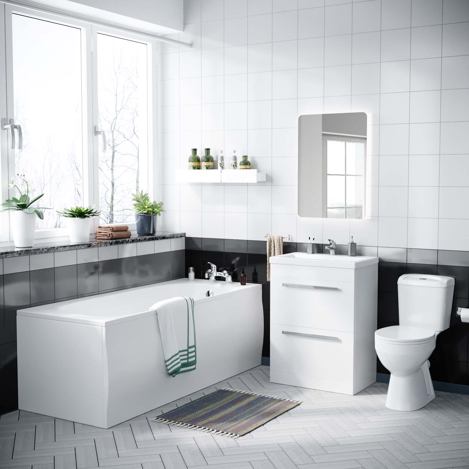 Harris 1700mm Bath, Close Coupled Toilet & 2 Drawer Nanuya Vanity Basin Cabinet