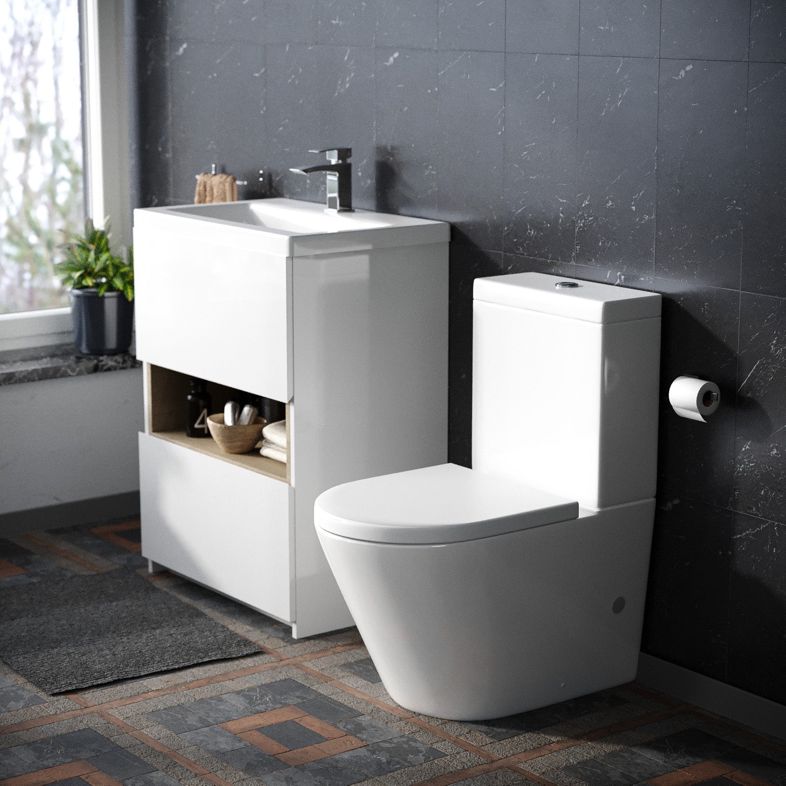 Nara 600mm Gloss White Freestanding Basin Vanity & Close Coupled Rimless Toilet Set