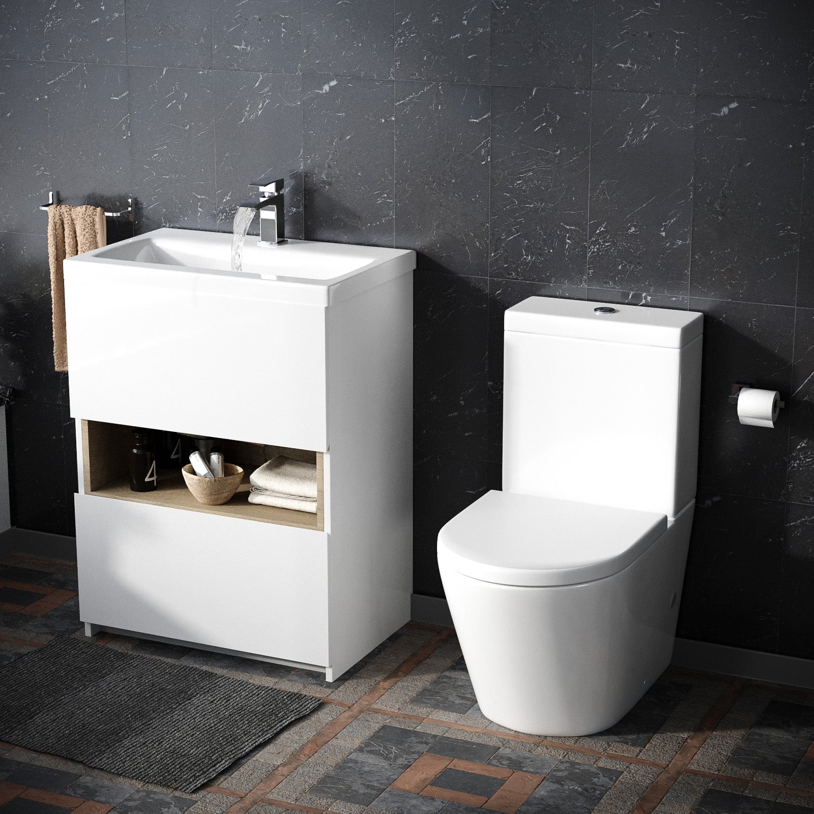 Nara 600mm Gloss White Freestanding Basin Vanity & Close Coupled Rimless Toilet Set