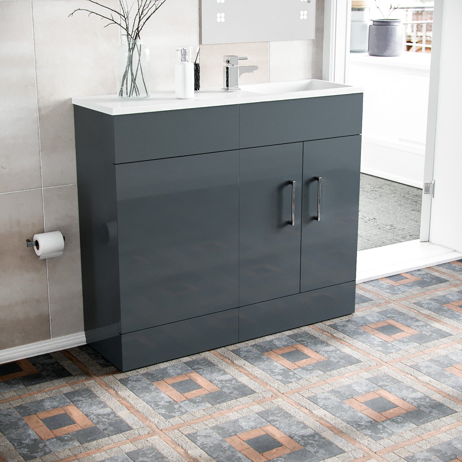 James 1000mm Slimline Basin Vanity Cabinet 2 Door Storage And WC Unit Grey