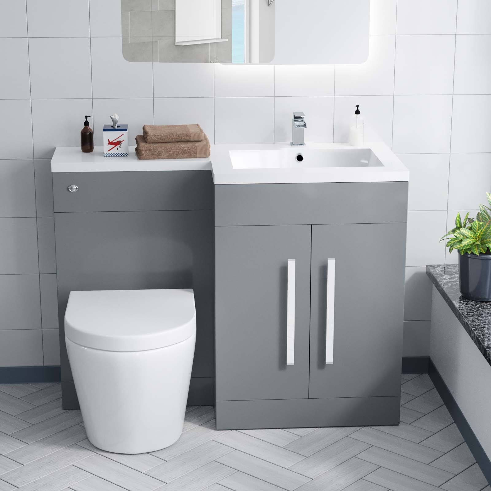 Aric 1100mm Right Flat Pack Vanity Basin, WC Unit & Back To Wall Rimless Toilet Grey