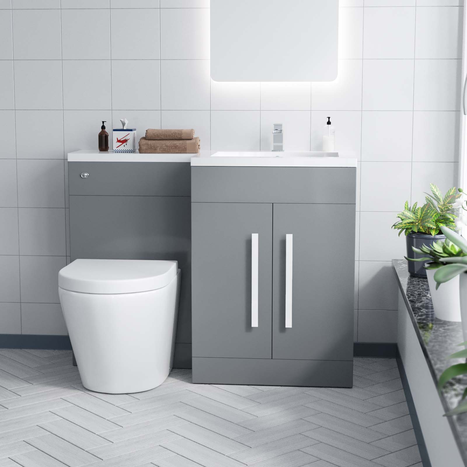 Aric 1100mm Right Flat Pack Vanity Basin, WC Unit & Back To Wall Rimless Toilet Grey