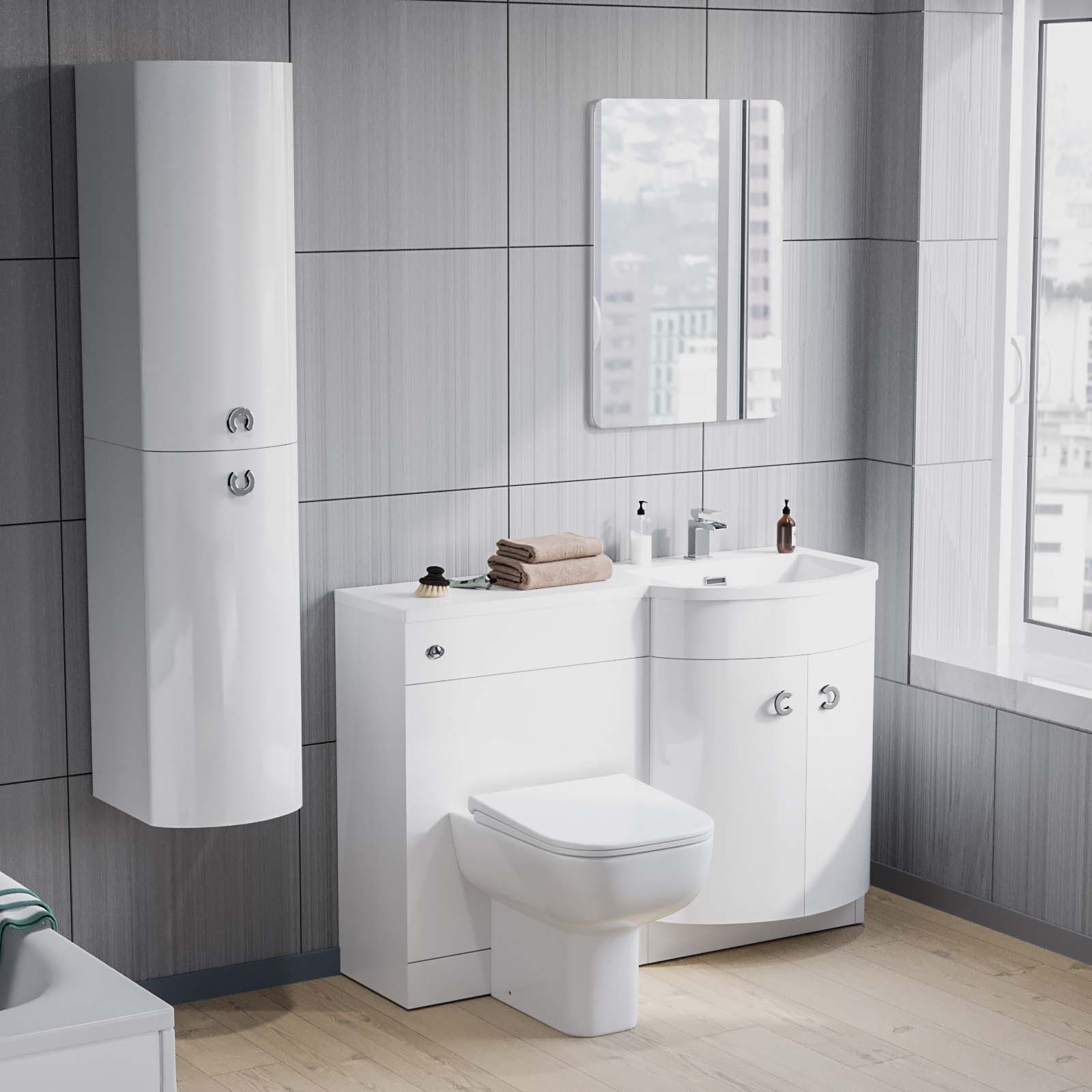 Dene 1100 mm P-Shape White RH Basin Vanity Unit, Toilet & Wall Hung Cabinet Flat Pack