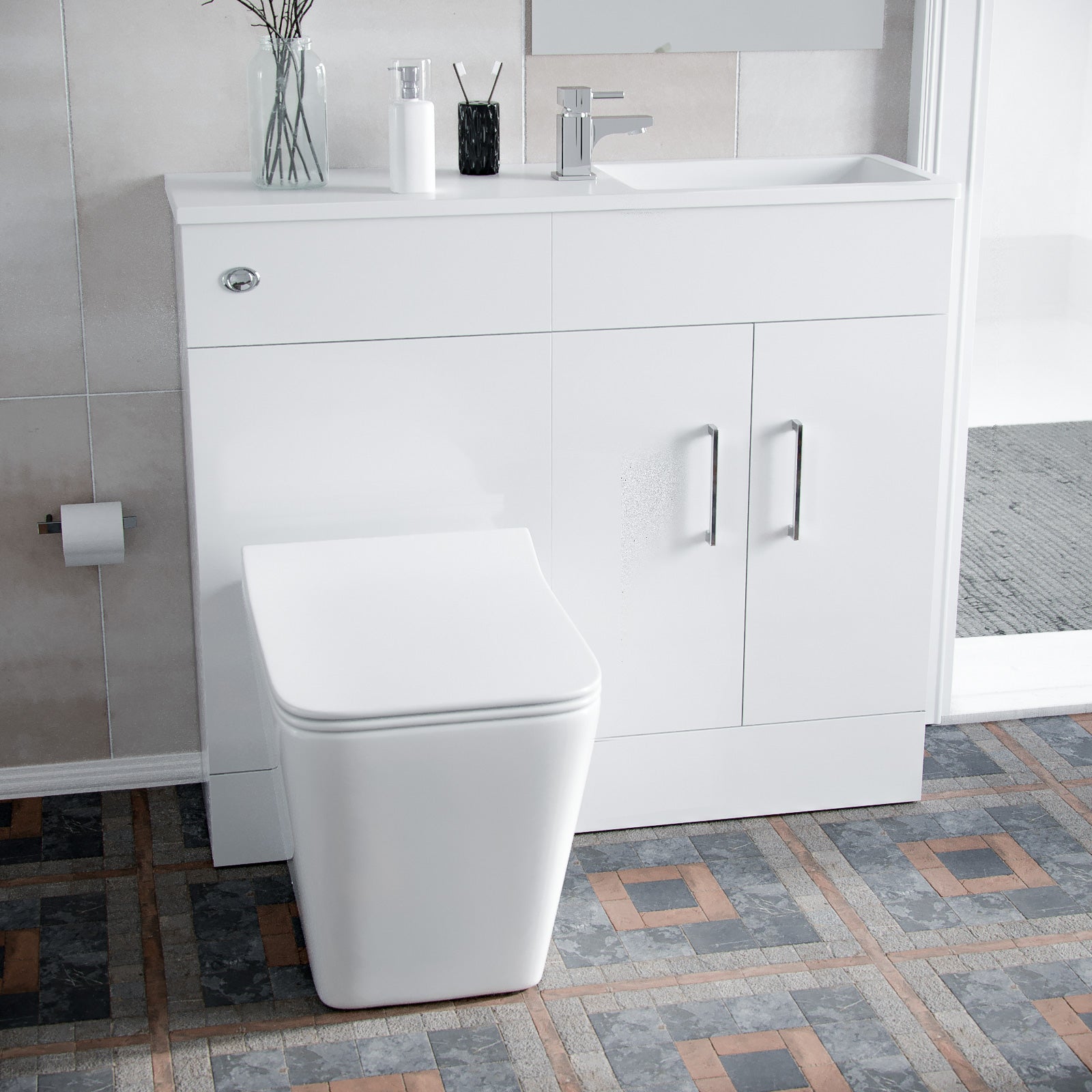 James 1000mm Slimline White Vanity Cabinet Basin and Square BTW Rimless Toilet