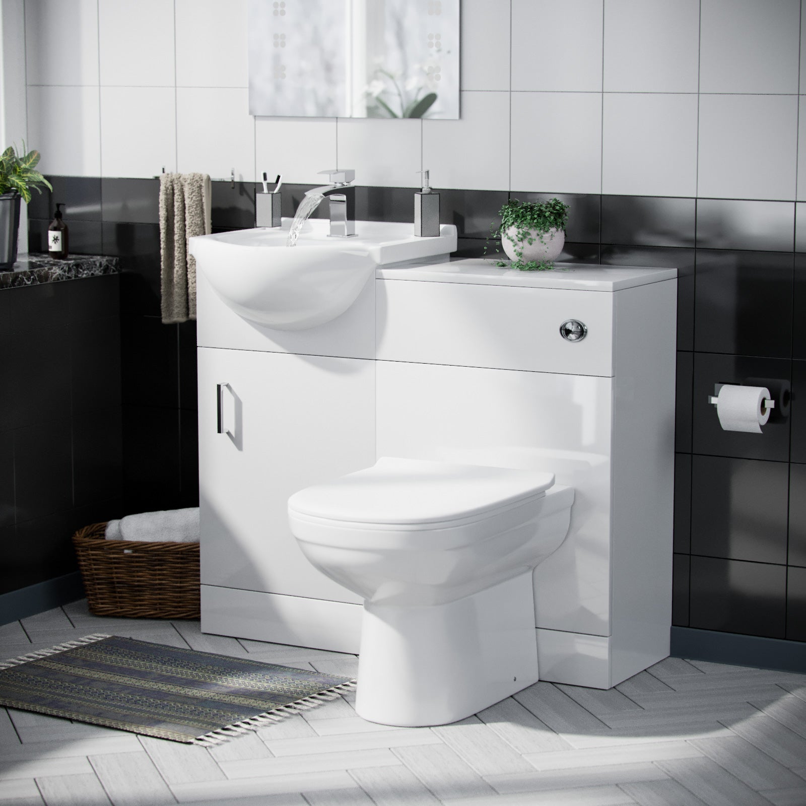 Ellen 950mm Vanity Basin Unit Flat Pack, WC Unit & Elso Back To Wall Toilet White