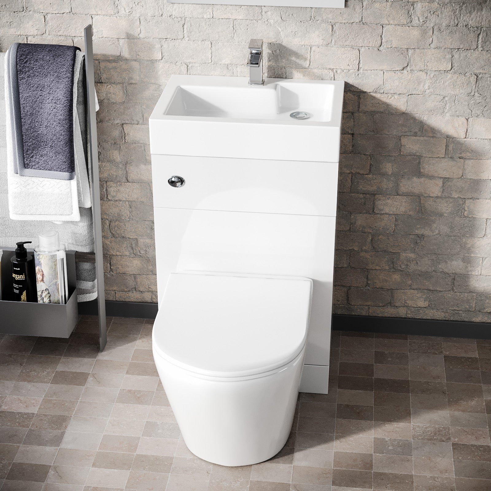 Bretford 500mm Gloss White Two-In-One Combined Wash Basin & Rimless Toilet Space Save