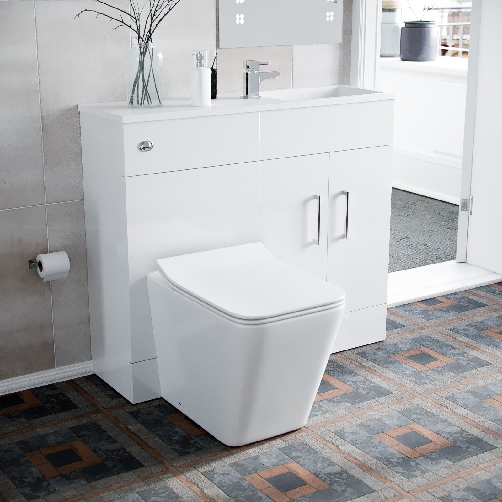 James 1000mm Slimline White Vanity Cabinet Basin and Square BTW Rimless Toilet