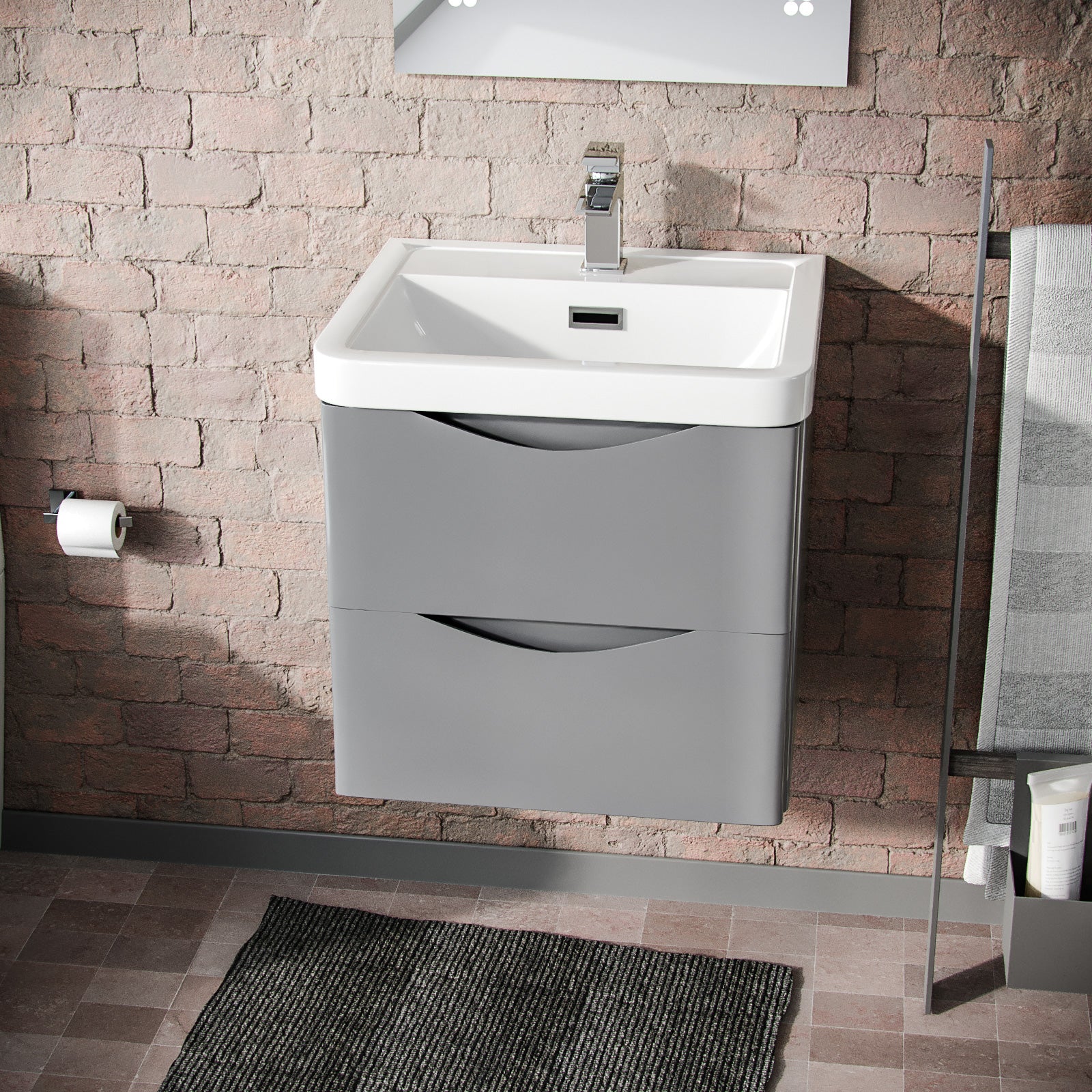 Merton 500 Grey Wall Hung Cabinet with 2 Soft Closing Drawers & Basin Flat Pack