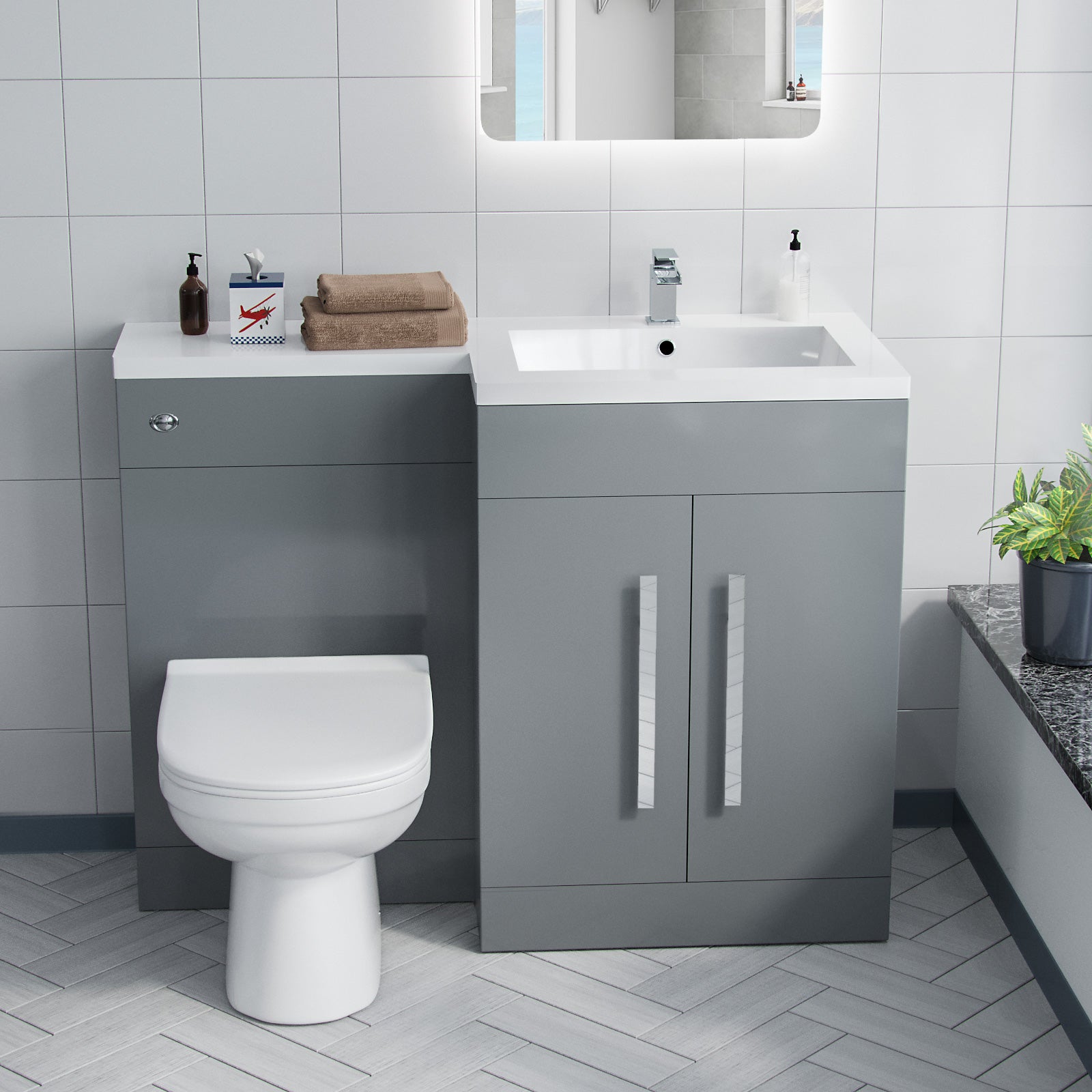 Aric 1100mm Grey L-Shape RH & Concealed Cistern for BTW Toilet - Flat Pack