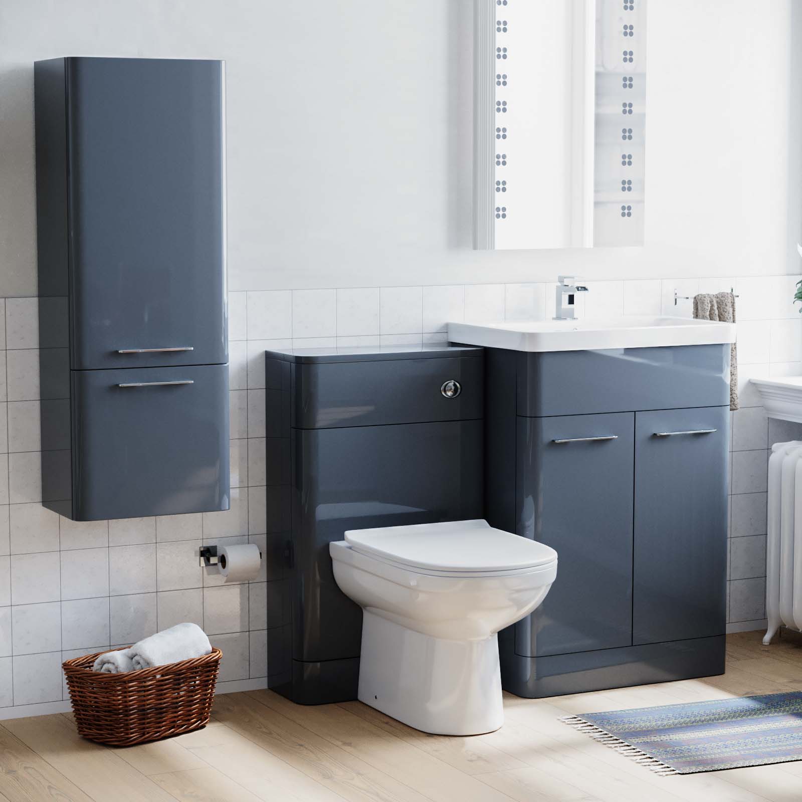 Afern 600mm Flat Pack Grey Vanity Basin Unit, WC Unit, BTW Toilet and Wall Cabinet