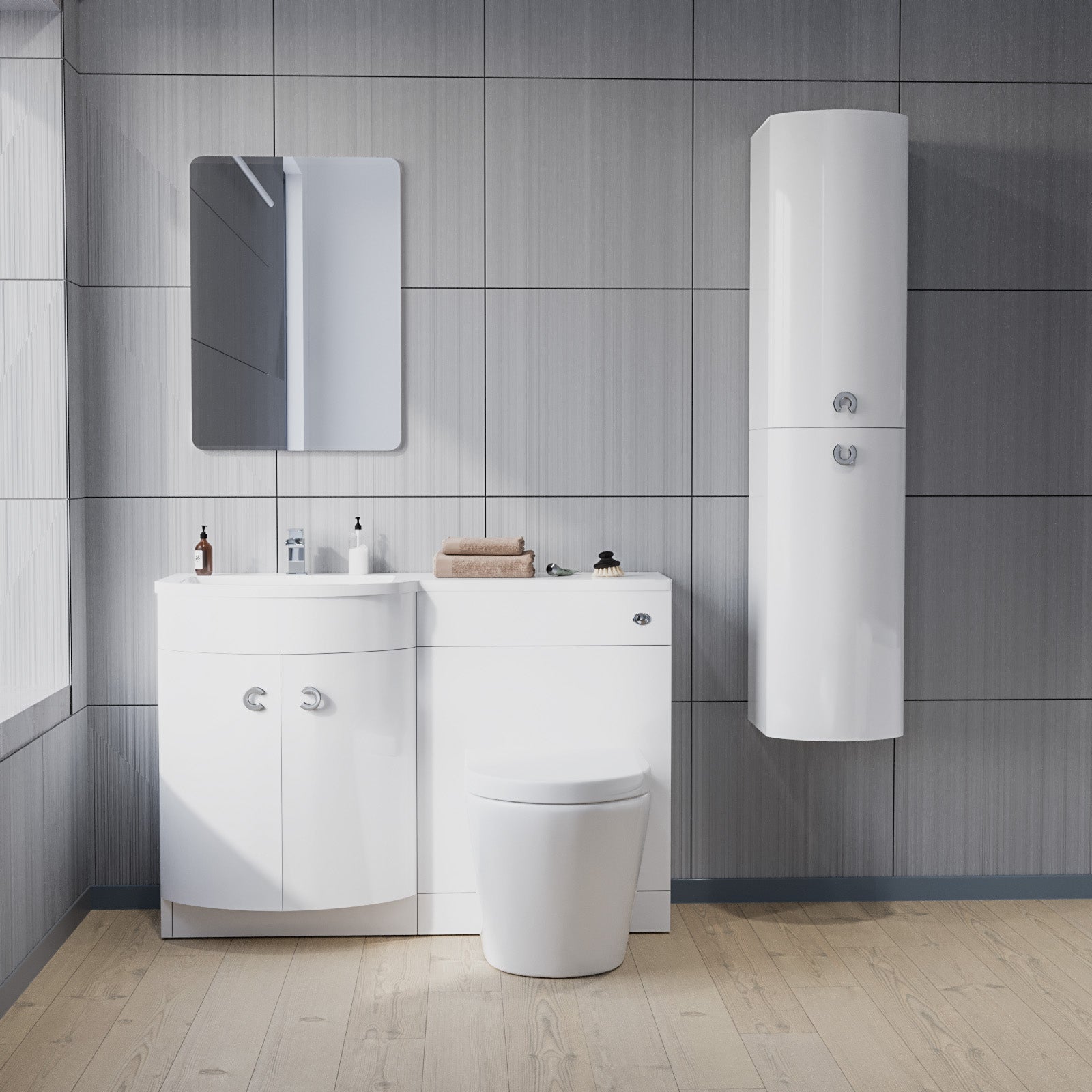 Dene 1100mm LH White Bathroom Vanity with WC, BTW Rimless Toilet & Wall Hung Cabinet