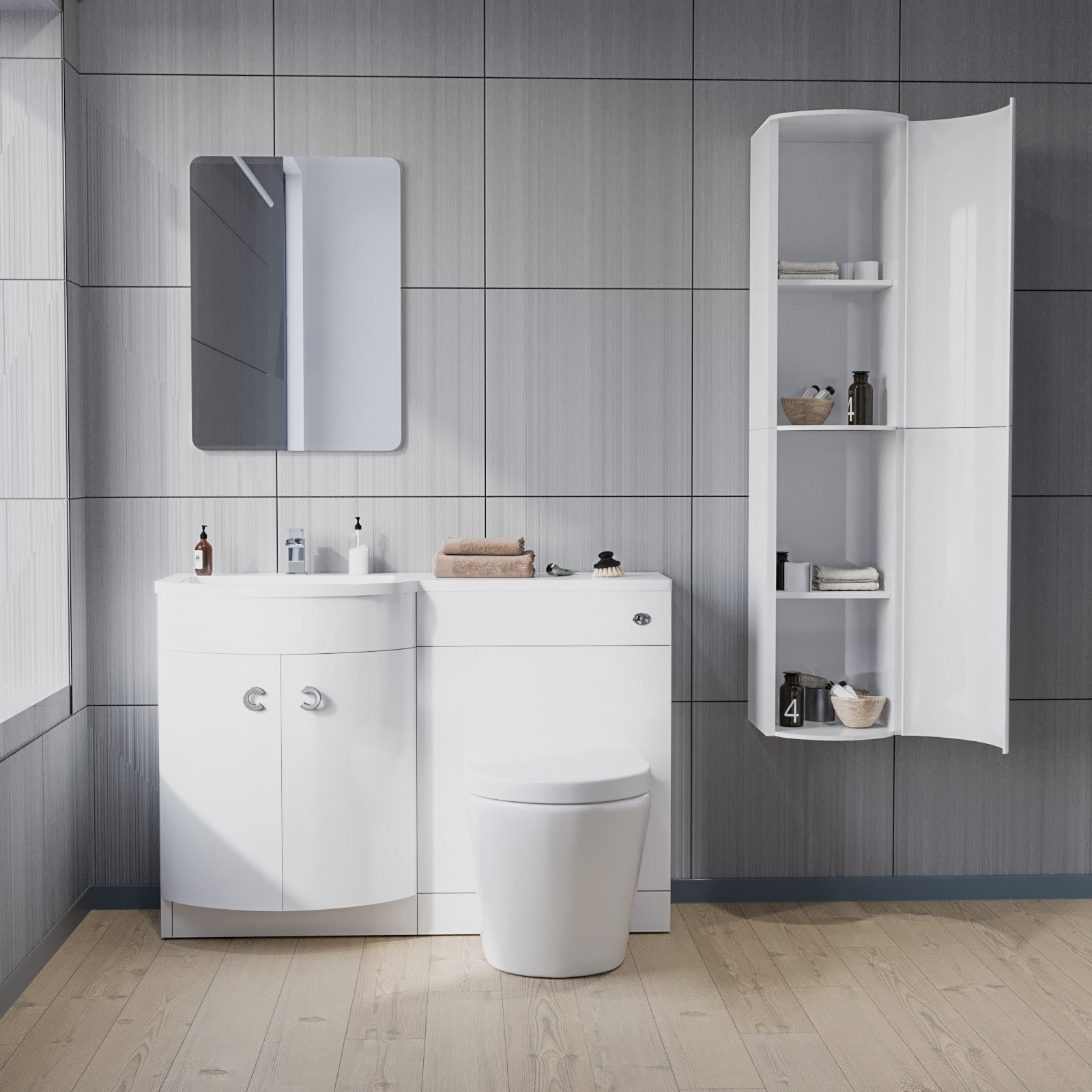 Dene 1100mm LH White Bathroom Vanity with WC, BTW Rimless Toilet & Wall Hung Cabinet