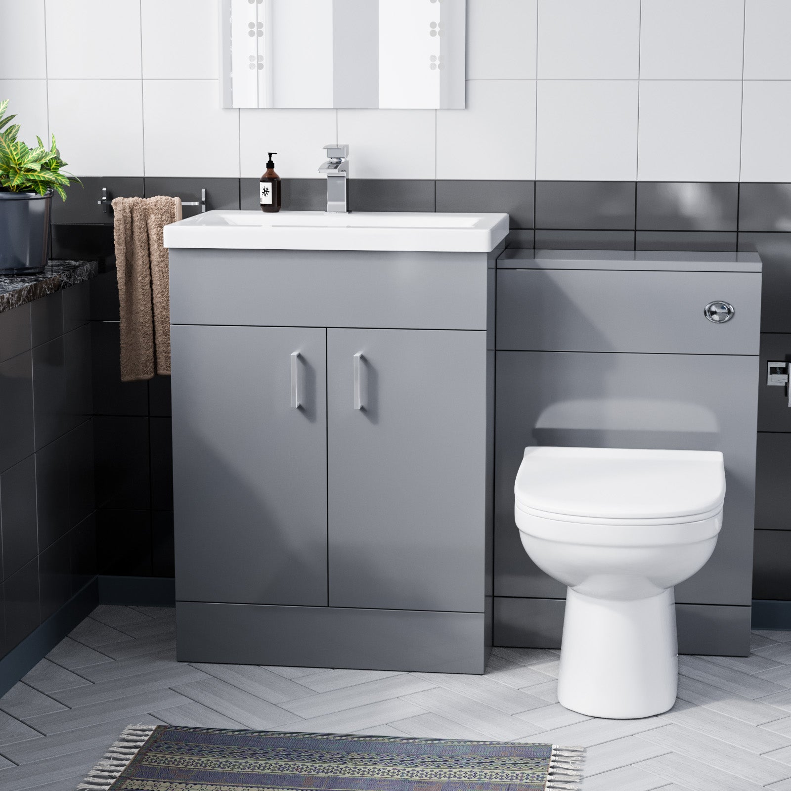 Nanuya 600mm Free Standing Grey Cabinet, Ceramic Basin & BTW Pan with Soft Close Seat Flat Pack
