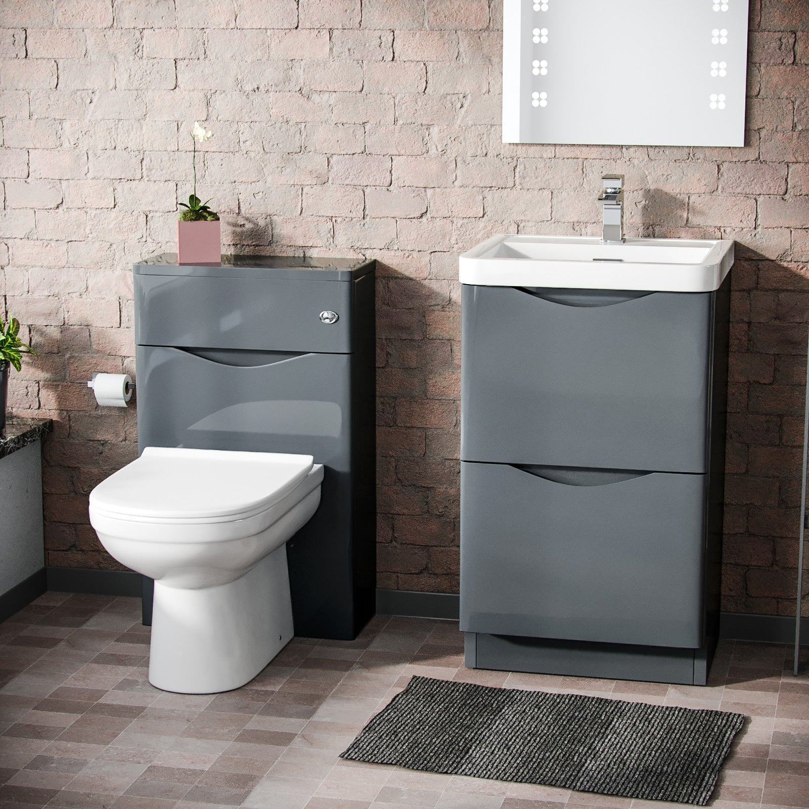 Merton 500 Grey Floor Standing Vanity, WC Unit With Back to Wall Toilet Flat Pack