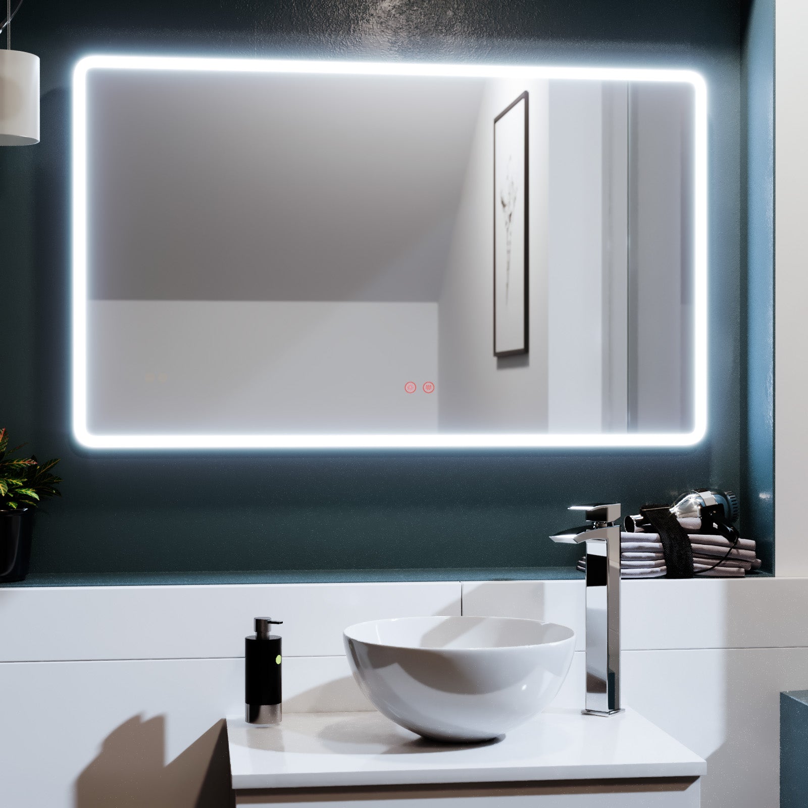 Lawerence Full Edge Rectangle LED 1000mm x 600mm Round Corner Bathroom Mirror Demister